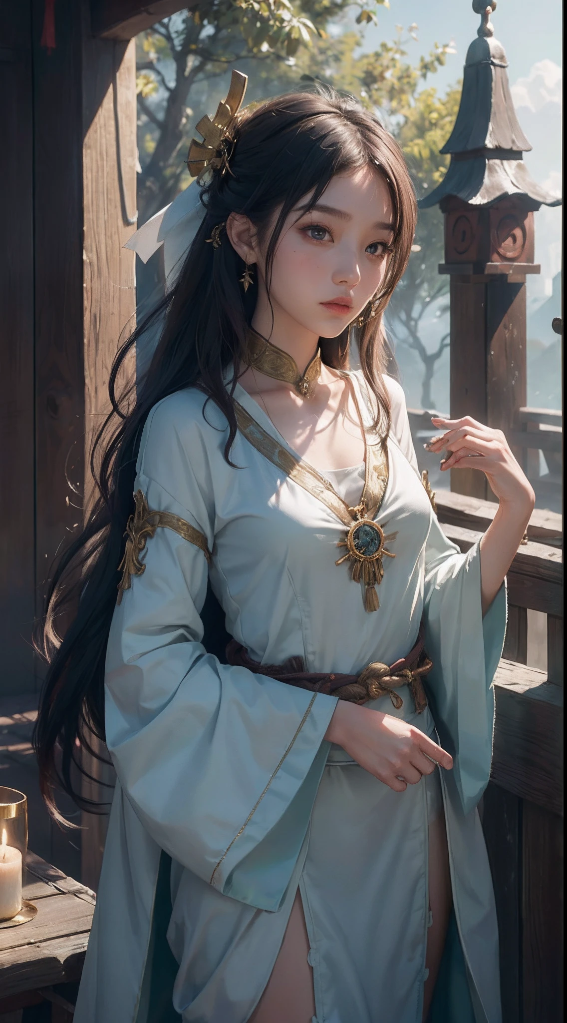 (1girl:1.3),solo,__body-parts__,
official art, unity 8k wallpaper, ultra detailed, beautiful and aesthetic, beautiful, masterpiece, best quality,Fantastical Atmosphere, Calming Palette, Tranquil Mood, Soft Shading,
Miko priestess, charm spell, talisman familiar, shrine maiden duties,