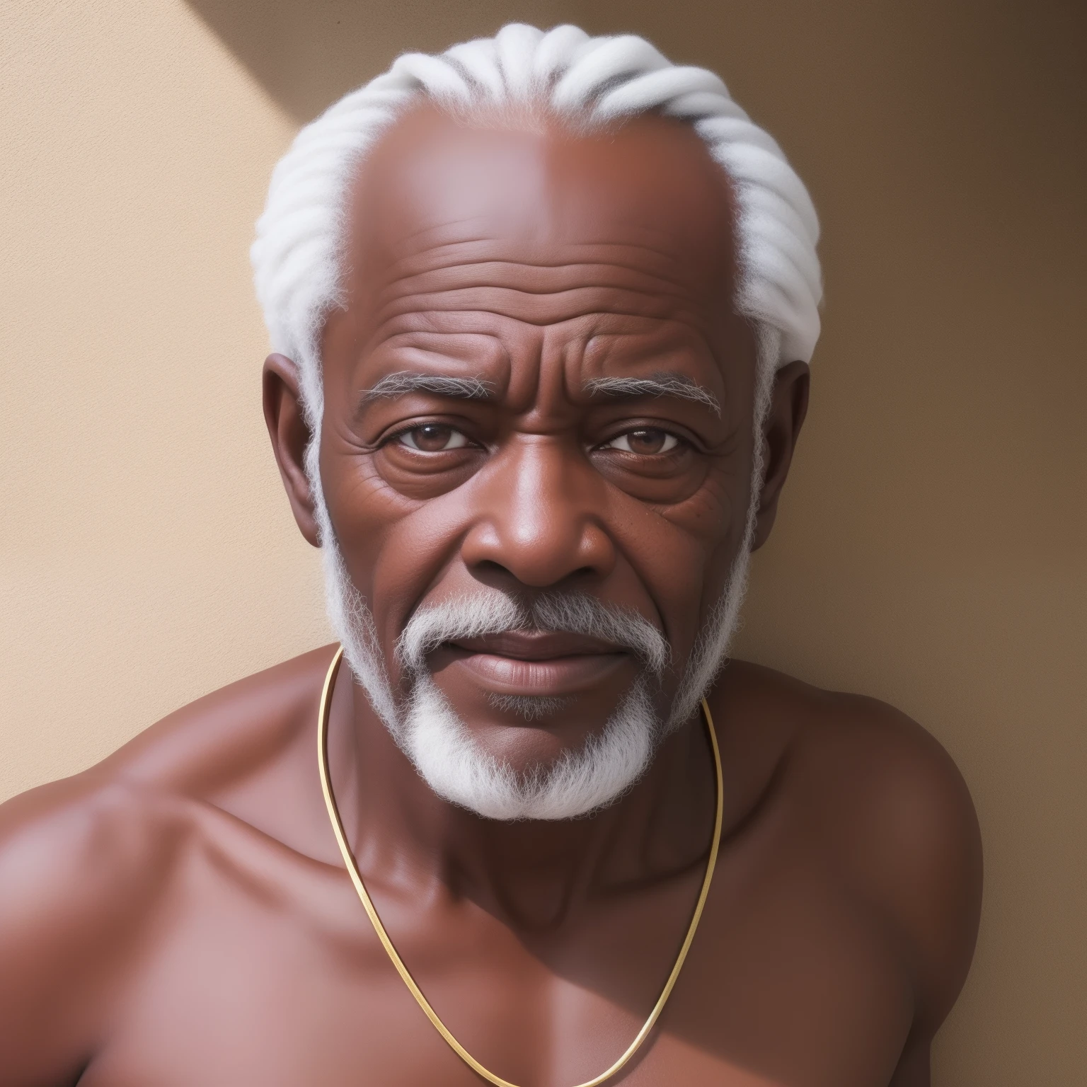 Homem negro velho de 90 anos, olhar triste,  on the neck several collars of seeds,[[[colares]]],  [[[[Closeup]]]], [[[[peito]]]], [[[[Neck strap]]]], [[[[ombros]]]], olhos perfeitos, perfect irises, Perfect lips, , pele perfeita, luz frontal suave, brilho, HDR, (cores suaves: 1.2) Hiperealista,realista, Realismo, renderizado, Alto contraste, digital art photographyrealistic trend in Artstation 8k HD high definition detailed realistic,  detalhado, textura da pele, hiper detalhado, textura de pele realista, armadura, melhor qualidade, ultra high-resolution, (fotografiarrealista: 1.4), alta resolução, detalhado, Calado bruto, sharp re, por lee jeffries Nikon D850 Filme Fotografia de Stock 4 Kodak Portra 400 Lente F1.6 Rich Colors Realistic Texture Dramatic Texture Dramatic Lighting Irrealengine Trend on Artstation Cinestill 800