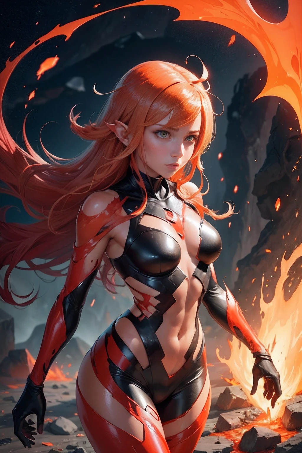 Female Magma Man,Magma skin,Melted,Crack the skin and flow magma,Magma flows on the skin,Flowing magma,Magma hair,Flowing magma,