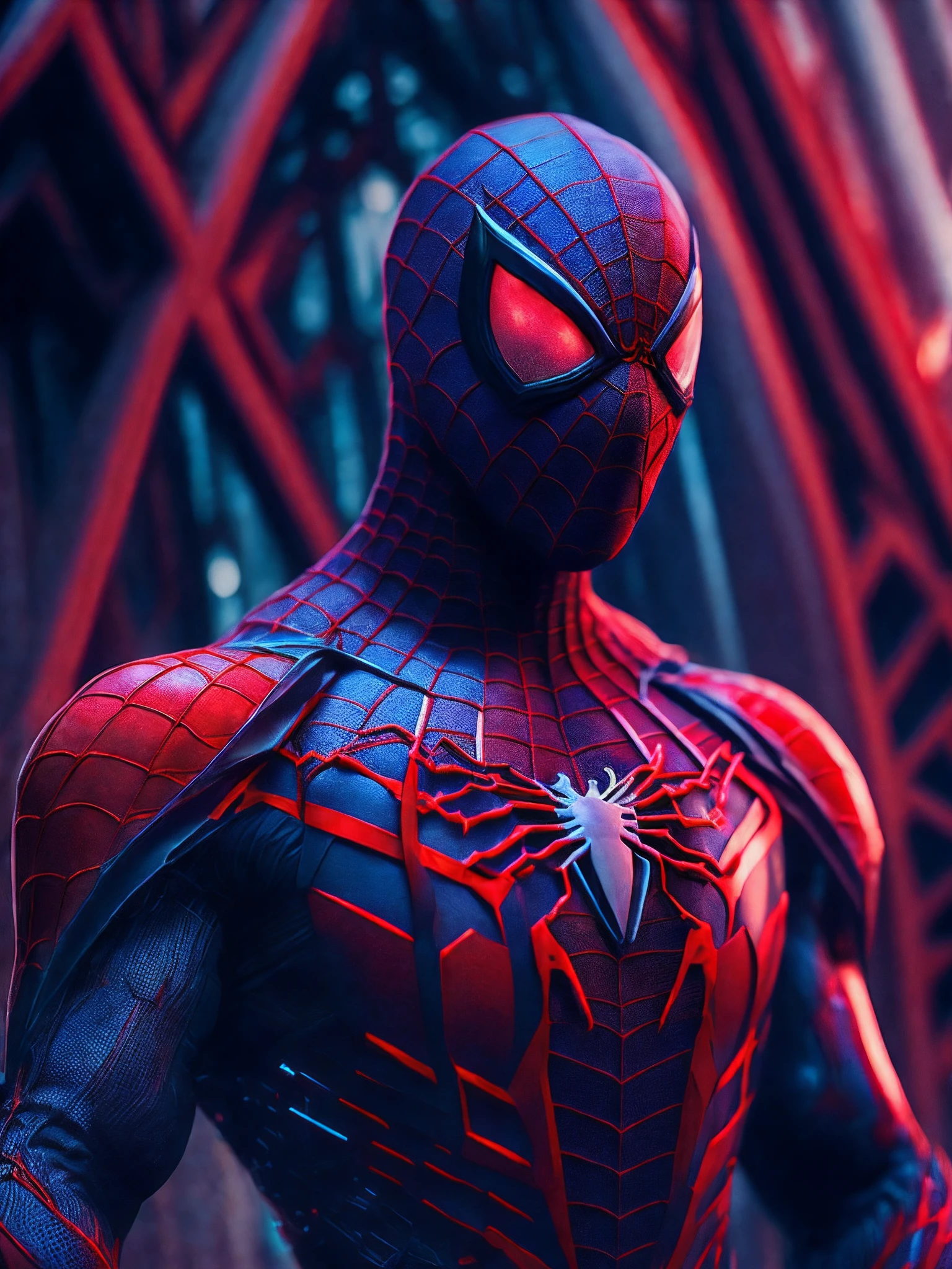 Portrait, 2099 Spider-Man, biomechanical, complex robot, full growth, hyperrealistic, insane small details, extremely clean lines, cyberpunk aesthetic, masterpiece unveiled at Zbrush Central, gothic brutalist cathedral, cyberpunk, award-winning photo, bokeh, neon lights, cybernetic limb