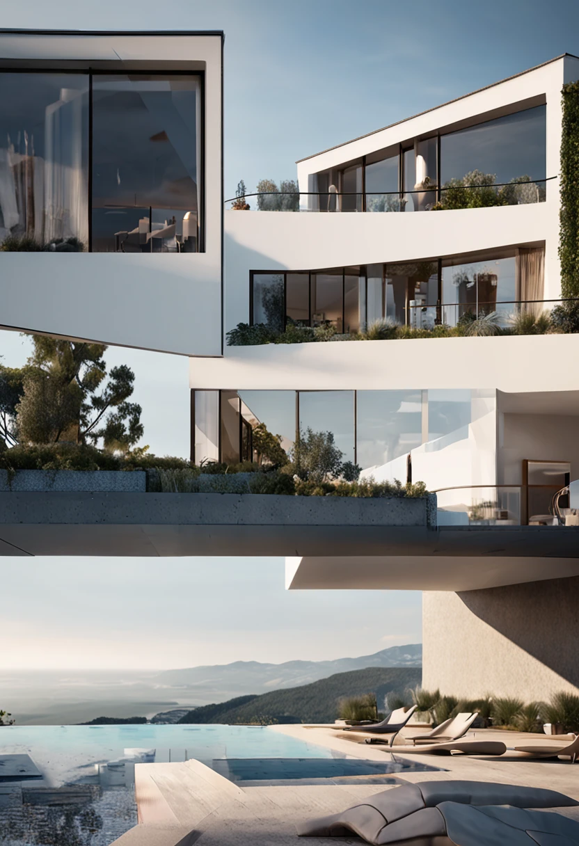 Ein Zuhause mit futuristischer Technologie,3-storey building,Gegen die Berge,Mit Blick auf den See,Riesiger Swimmingpool,Moderner Baustil, hyperdetailliertes Foto,Bauen,Kompliziert,Beschattung, HighDynamicRange (Hoher Dynamikbereich),Dynamische Beleuchtung, fotorealistisch, Natural, weiches Licht, Niedriges H, tmasterpiece, Detailliert 8K,Es gibt super viele Details,Oversized, vom Boden bis zur Decke reichendes Glas,Eine Kombination aus Technologie und Natur,Hat einen super coolen Look,