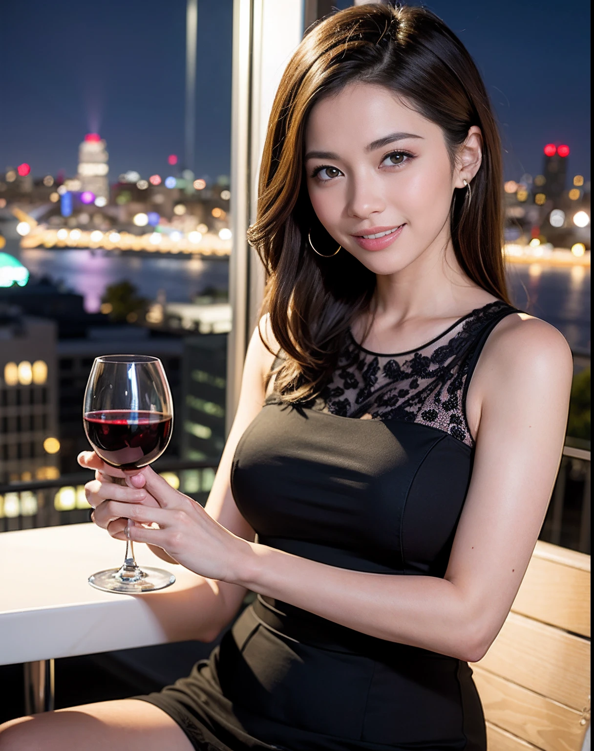 (64K, UHD, top quality, masterpiece: 1.2), (realistic, photorealistic: 1.37), super detailed, pretty woman 1 person, (slim face), (slim body), (brown hair), (short cut), cheeks slightly blushing, (44 years old), 38 years old, solo, beautiful detailed urban night view outside the window, restaurant, wine glasses sit, at night, in a prominent placeNovaFrogStyle, Actress, Model, Waist Up, White Wine, Slim, Wine Glass, Super Clean Night View, Wine Glass Put in the Middle, Happy Smile, (Smile: 1.15), Beautiful Fine Eyes, Upper Body, Bust Japan Up, Night, Short, Short, Actress, Model, Waist Up, White Wine, Slim, Wine Glass, Super Clean Night View, Wine Glass Put in the Middle, Happy Smile,