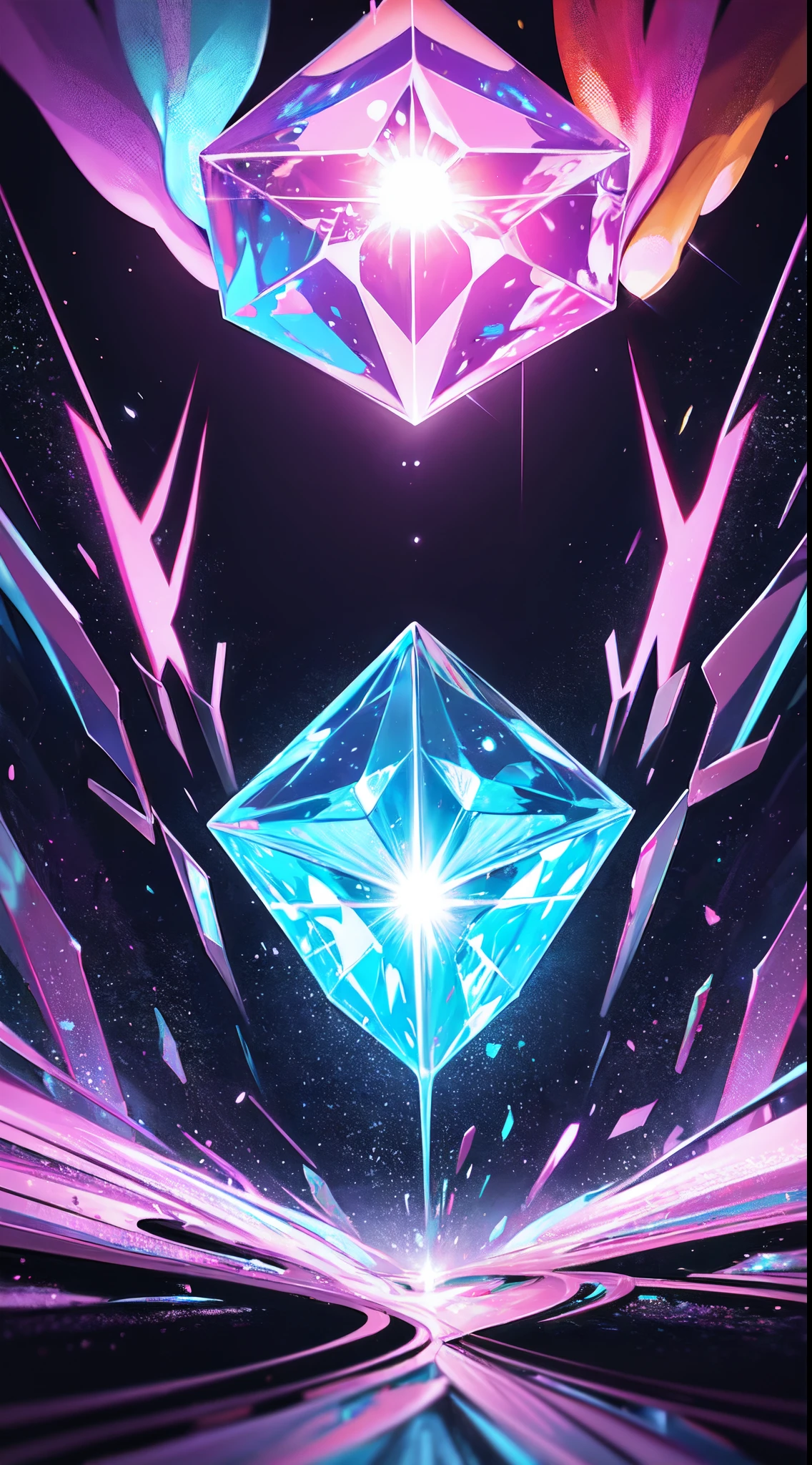 cube, magical, shinny, colourful, beautiful, reflection, fantasy, abstract, 4d , sun lighting, rim lights, sparkles, bloom,cool, bright colours, shinny , masterpiece, high quality, crystal, neon, wallpaper HD quality crystal neon wallpaper, abstract, art, colourful vibrant colours light, science, scifi, crystal skull, bones, shapes, quantum physics