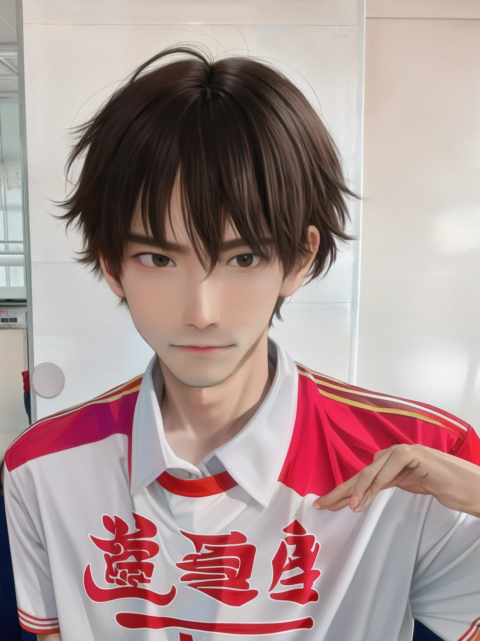 An 18-year-old male high school student wearing a Hong Kong-style shirt,,with a determined look in his eyes,