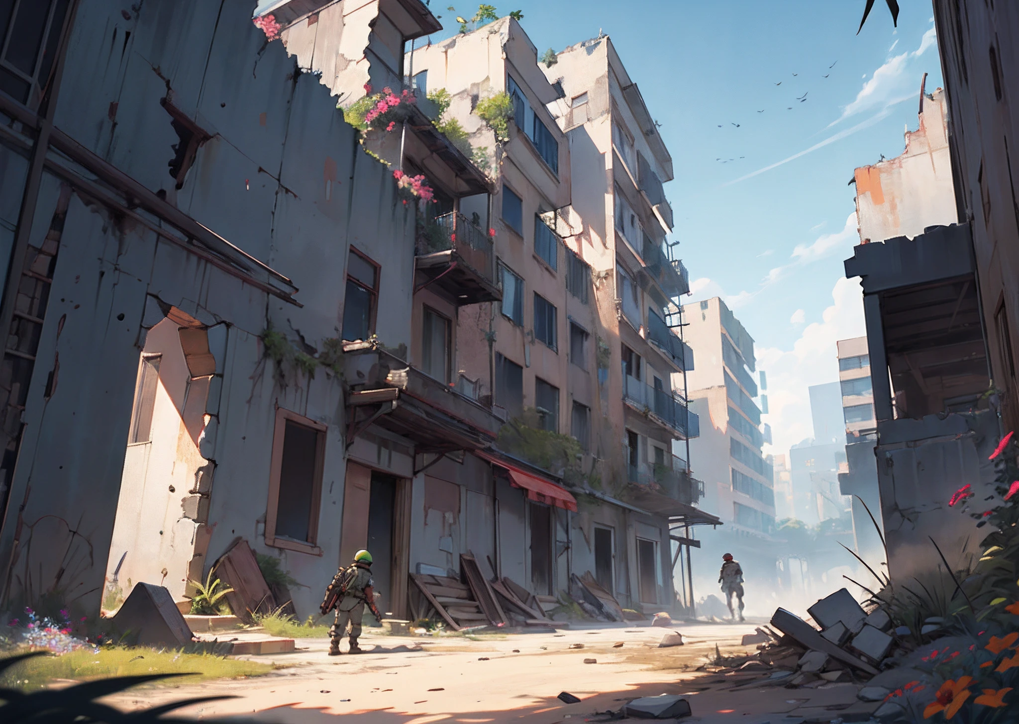 background illustration, concept art, Gunfight, ruins, high-rise building, summer scenery, dynamic angle, ??? soldier, colorful flower