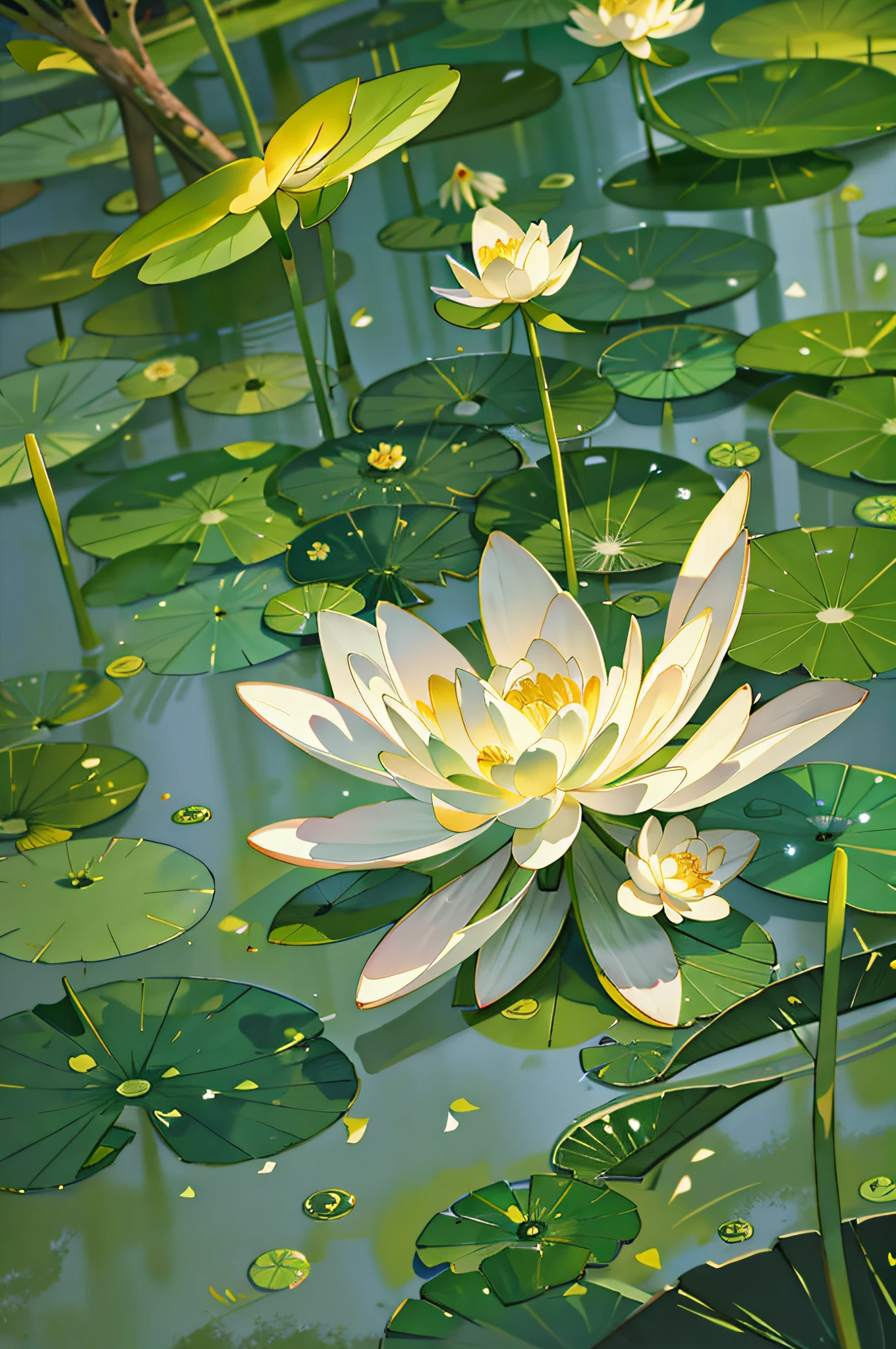A white flower grows in the middle of the lotus pond, There is a lotus bud in the back, Surrounded by high lotus leaves,lotus petals, golden colored,green color,vein,large lotus leaf,lotuses,Ink painting style,clean color,ink wash style,Smudge,Decisive cut,Leave white space,impressionistic,tmasterpiece,ultra-detailliert,Epic composition, high qulity, HighestQuali,Lotus fairy,ancient wind,Dunhuang Flying Sky