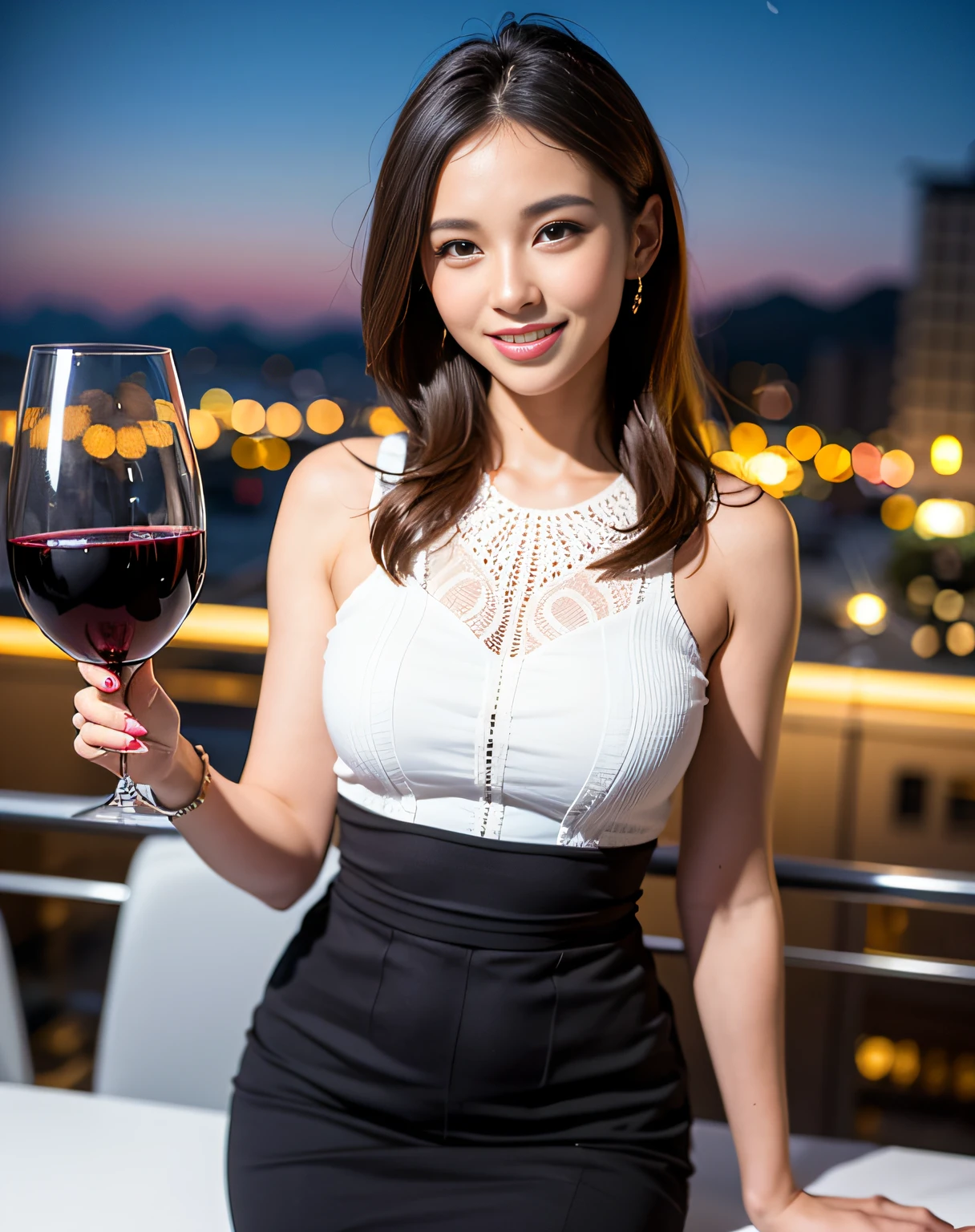 (64K, UHD, top quality, masterpiece: 1.2), (realistic, photorealistic: 1.37), super detailed, pretty woman 1 person, (slim face), (slim body), (brown hair), (short cut), cheeks slightly blushing, (44 years old), 38 years old, solo, beautiful detailed urban night view outside the window, restaurant, wine glasses sit, at night, in a prominent placeNovaFrogStyle, Actress, Model, Waist Up, White Wine, Slim, Wine Glass, Super Clean Night View, Wine Glass Put in the Middle, Happy Smile, (Smile: 1.15), Beautiful Fine Eyes, Upper Body, Bust Japan Up, Night, Short, Short, Actress, Model, Waist Up, White Wine, Slim, Wine Glass, Super Clean Night View, Wine Glass Put in the Middle, Happy Smile,