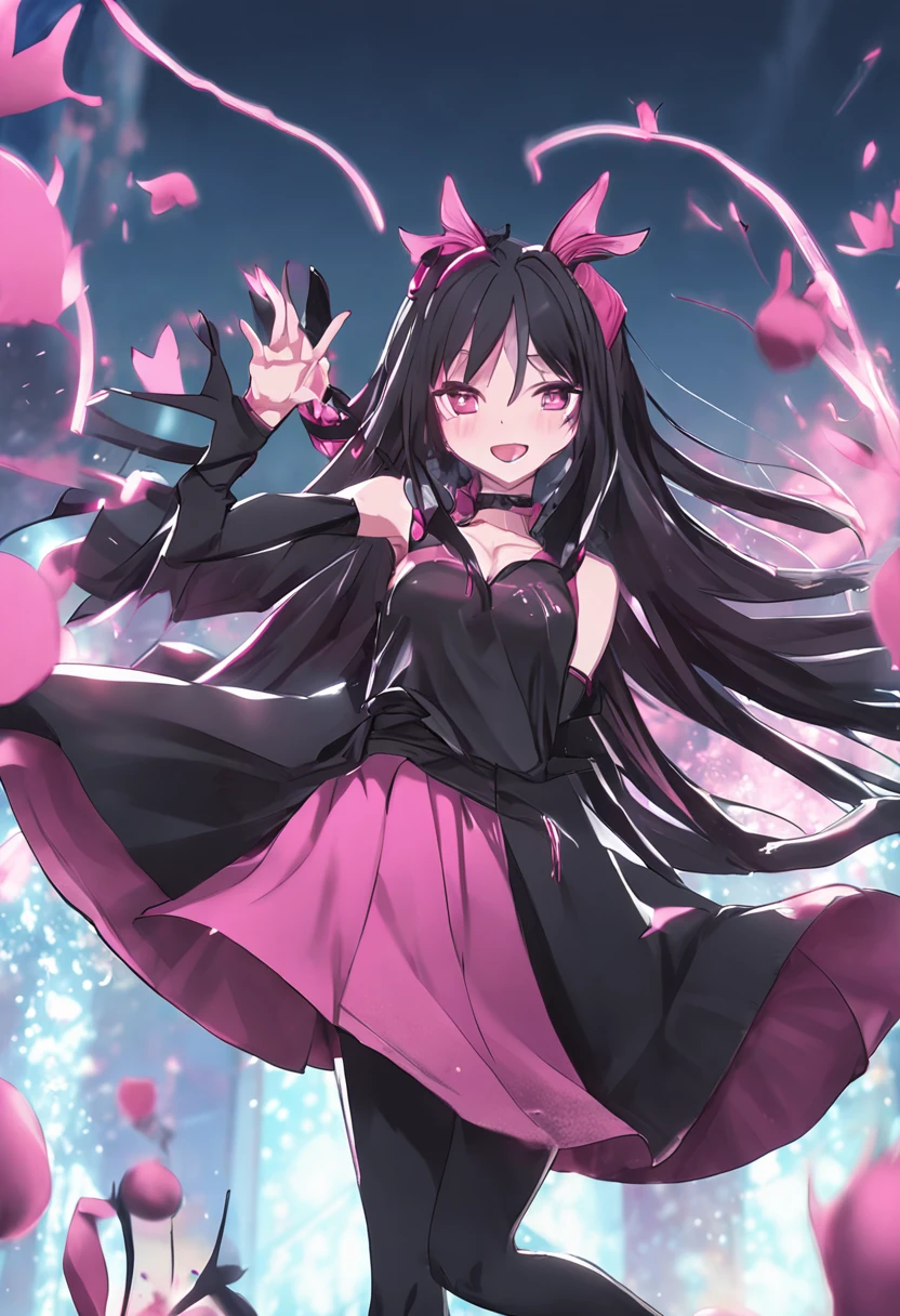 gothgirl, Long black hair, black crop top,Pink skirt,Black CPTPN leggings, cheerfulness, Dancing, Beautiful anime style girl all over, clean detailed faces, underdressing, analogous colors, Glowing shadow, beautiful gradation, Depth of field, Clean image, High quality, High detail, High definition, Luminous Studio graphics engine, Cute face, big breast, Slim waist, nice hip,
