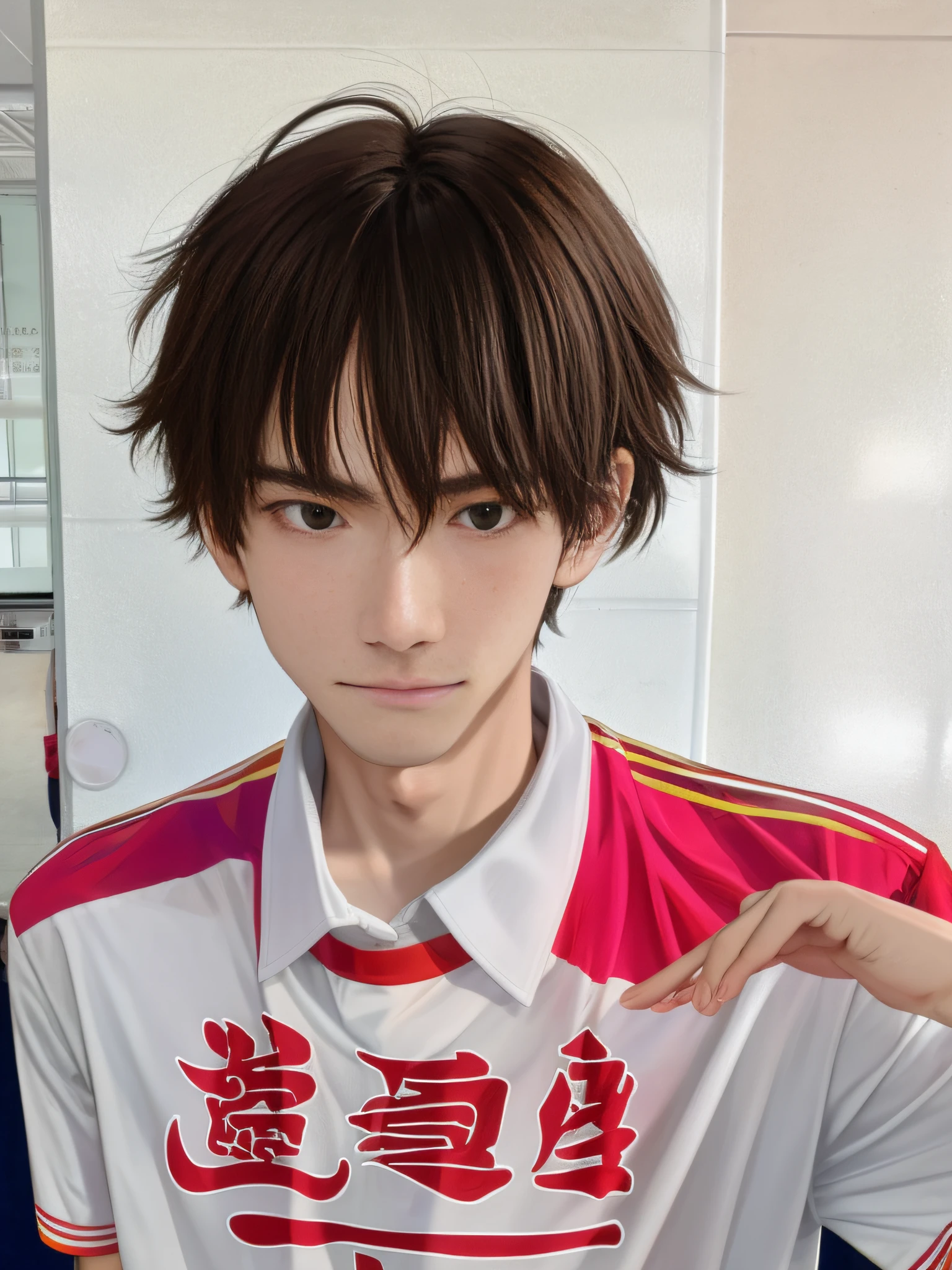 An 18-year-old male high school student wearing a Hong Kong-style shirt,,with a determined look in his eyes,