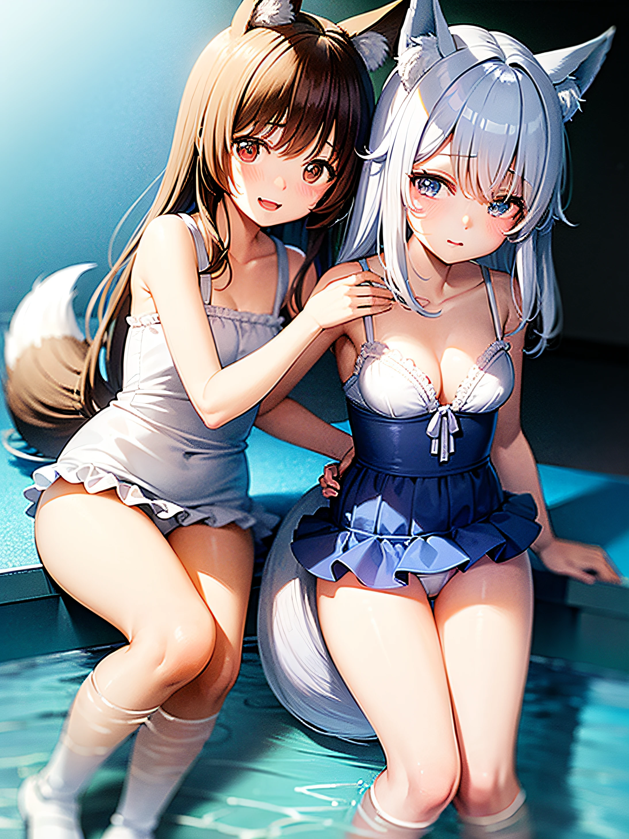 Lori、14years 、Height 149cm、Adorable twin sister、Best Quality、Show from head to waist、White and blue ruffled swimsuit、a baby face、Rounded face、Short stature、large full breasts、shiny long silver hair、Large ribbon、light blue eyes、kawaii、((Fox ears))、Crawling on all fours in the shower room and being splashed with water。Composition from behind、Beauty in return、Overhead view