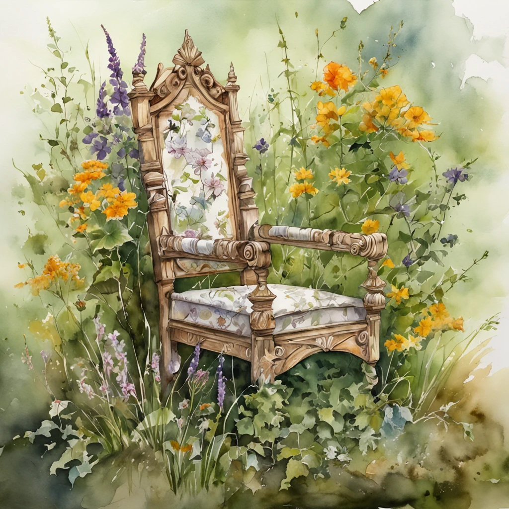 Gothic chair with branches, wildflowers. A crow. A garden. In the style of Martin Rak, Alex Timmerman. Surreal photography, highly detailed, cinematic photography, macro lens, hyperrealistic photography, world - winning photography, poster design, trending on artstation --s 750