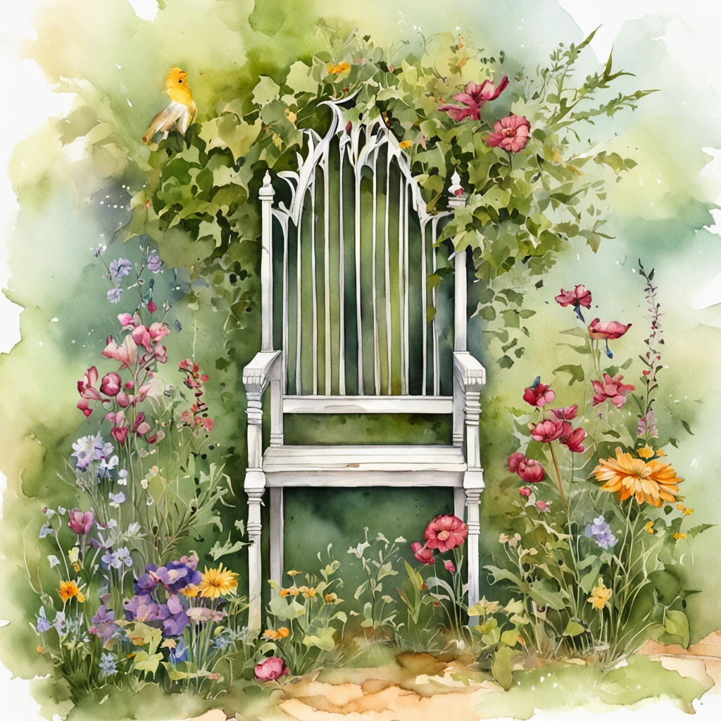 Gothic chair with branches, wildflowers. A crow. A garden. In the style of Martin Rak, Alex Timmerman. Surreal photography, highly detailed, cinematic photography, macro lens, hyperrealistic photography, world - winning photography, poster design, trending on artstation --s 750