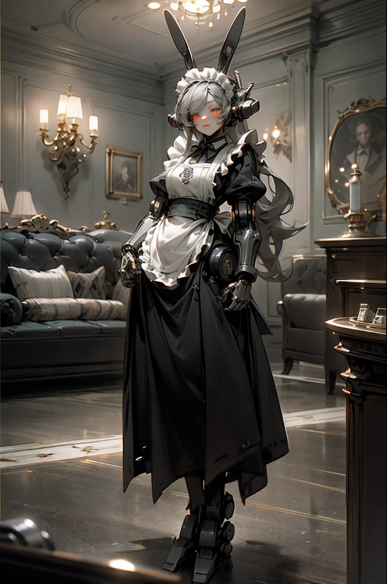 (top-quality、in 8K、32K、​masterpiece、nffsw、ighly detailed、Impresionismo:1.2)、Full body, (Living room of a grand mansion:1.4)、deep-shadows、beauitful face、blurry backround、20-year-old beauty、Machine body、(Robot Maid:1.5),Maid with glowing eyes、Because it's made of metal、pinafore、Machine Made、Metal rabbit ears、Curve、Casinos of the near future、Transaction Cards