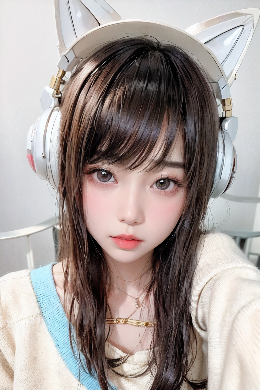 there is a woman with a necklace and a sweater posing for a picture, young adorable korean face, wan adorable korean face, cute natural anime face, young cute wan asian face, young cute face, girl cute-fine-face, lovely delicate face, with cute - fine - face, korean face features, kawaii realistic portrait, clear cute face