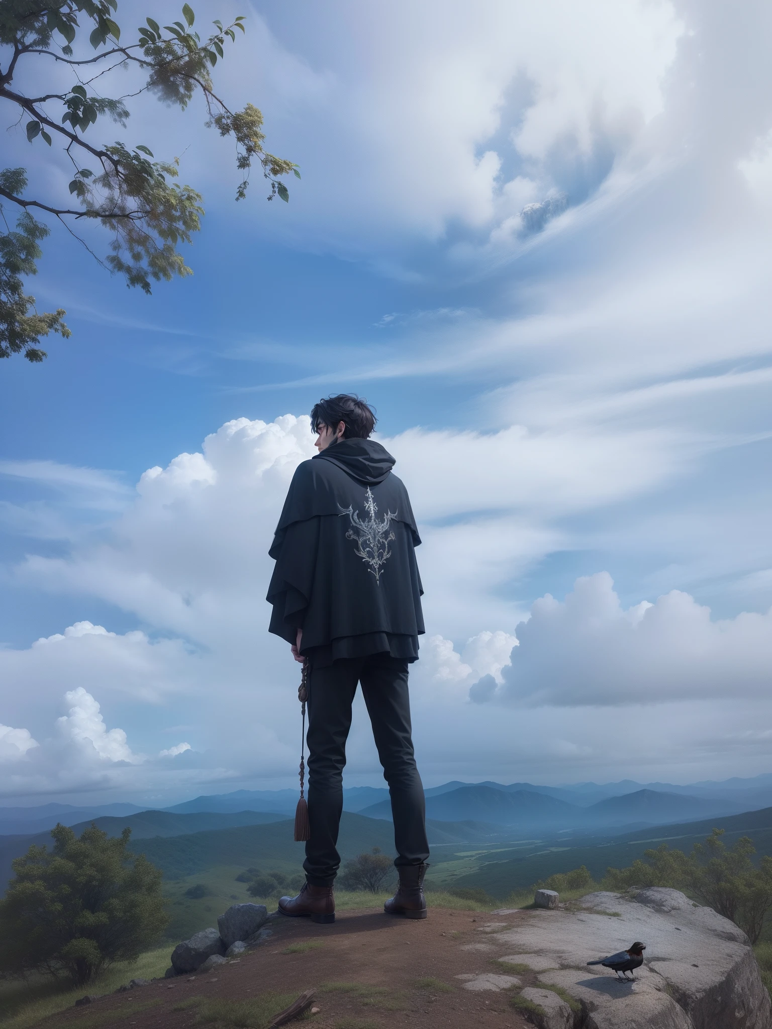 ultra detailed, beautiful and aesthetic, beautiful, masterpiece , mystery , atmospheric , fantastic , supernatural , horror best quality , cavern , 1 man , man sit on a tree trunk , from behind , many crow around him , 2 crow on hi shoulder , 2 crow flying in front of the camera , crows have glowing red eyes , at the back mountain, cold scene and 1 cave entry at the back , smoke and mist around him and dark magic cloak ,
