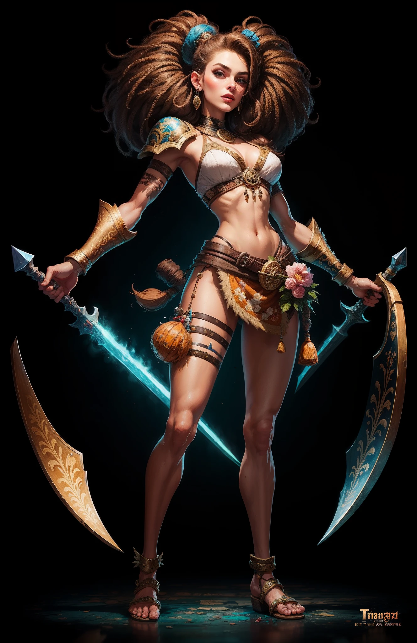 1 Original girl，Full body like，Amazon fighter（European and American cartoon Q version，3D model rendering，Primitive barbarian style），Skinny sworder，Floral decoration，Barbarians，Clash Amazon Warrior style，Cartoon model rendering，low poly，highly details eye、beauitful face，Mini Dwarf，Complicated details，Full body standing painting，white backgrounid，tmasterpiece，best qualtiy，Best resolution，8K