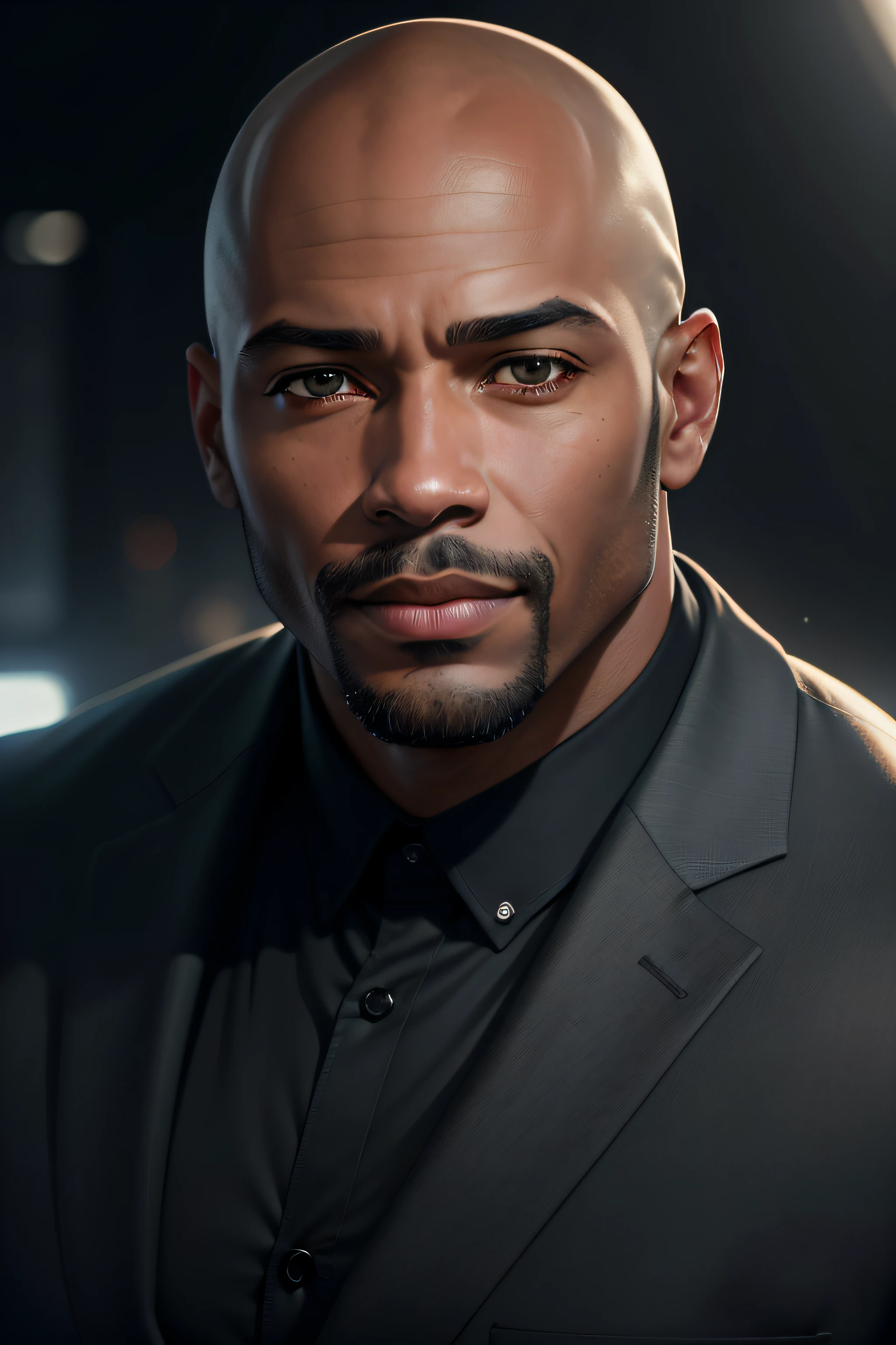 (8k, RAW photo, best quality, masterpiece: 1.2), ultra detailed, official artwork, photorealistic: 1.37, highly detailed raytricing, ultra photorealistic, cinematic lighting pose of bald black man, facial expression with slight smile, looking to viewer facing, Pose facing viewer, newsreader style, wearing casual suit.
