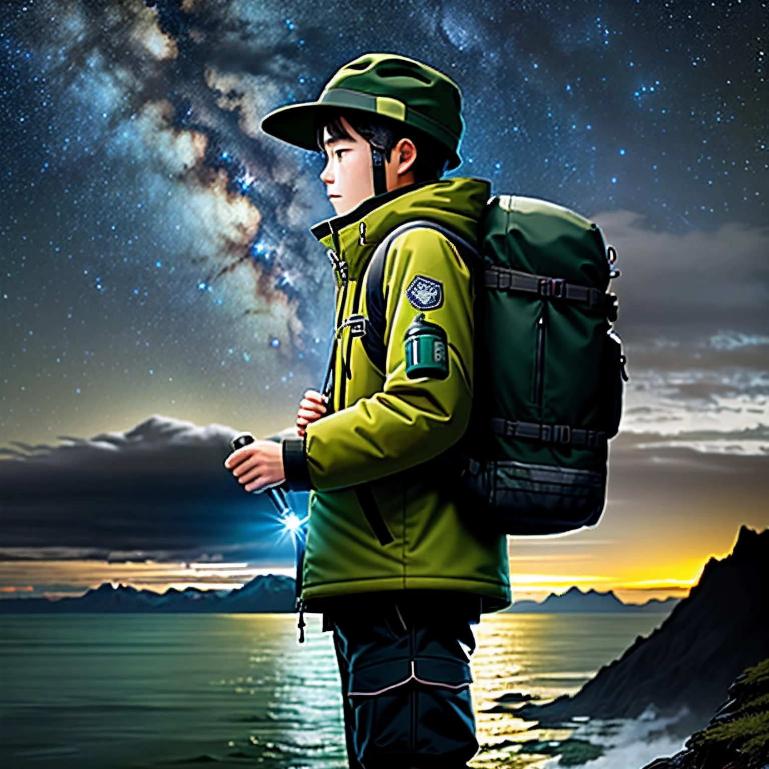 Traveller，mountaineering，trekking poles，Black fisherman hat，Khaki boots，Dark green storm jacket，Sea background，There are drifting bottles in the backpack，Shining starry sky，schoolboy