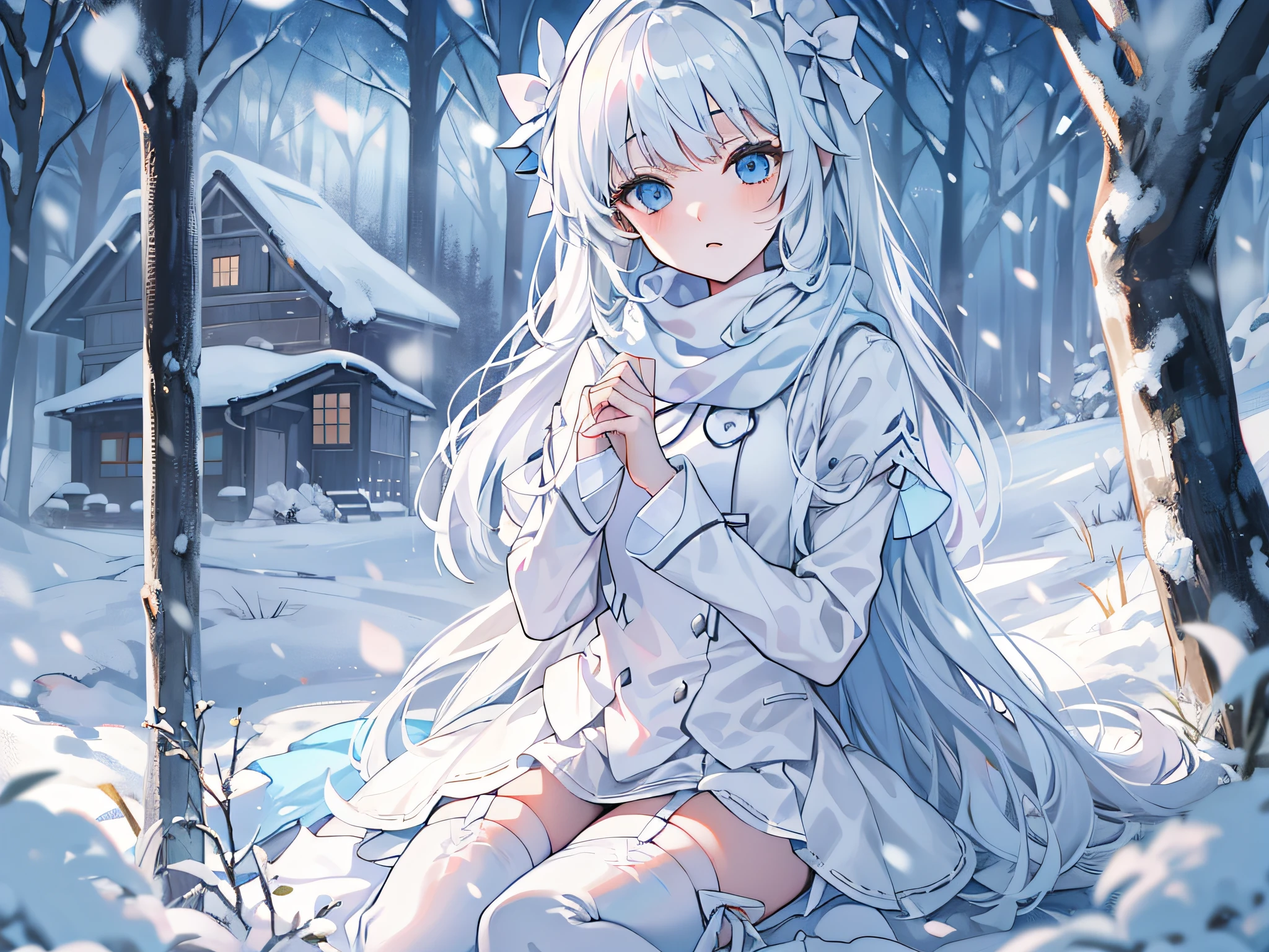 Light blue eyes,Princess cut,whaite hair,White thigh boots,White Gothololita,White over-the-knee stockings,white bows,Full body like,sweeping bangs,Semi-closed Eyes,Long white scarf,ln the forest,the night,at winter season,The girls waited for it to start