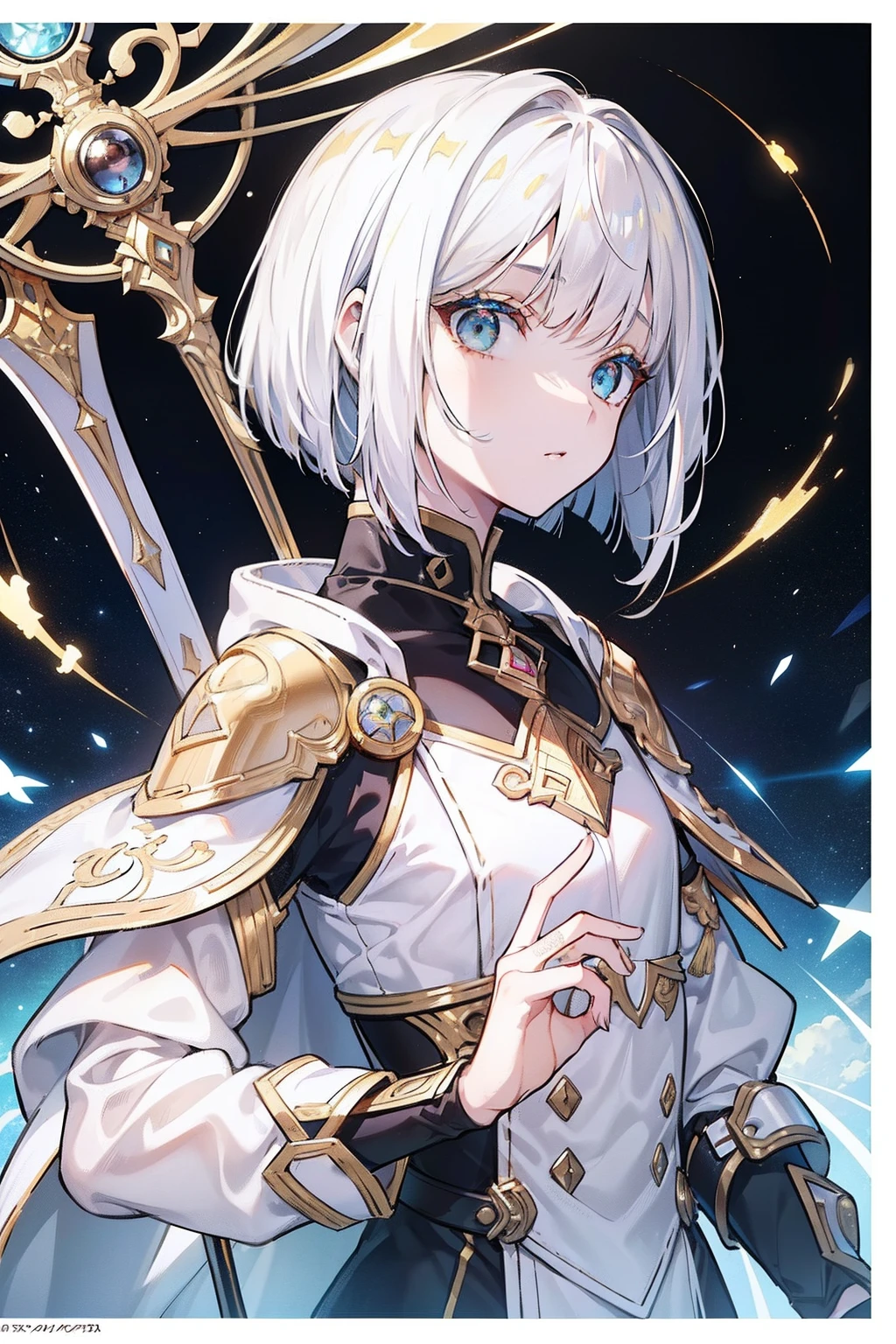 (masuter piece,Best Quality,Ultra-detailed), (A detailed face), Movie Posters, hight resolution, 1girl in, (front-facing view), (cyberpunked), (Lucy), Golden white hair, (golden-white hair with bangs,,), (bob cuts), Two-tone hair, Gold Eye, white clothes, White cloak, The upper part of the body, flat-chest, (Beautiful Detail Eye: 1.1), (Detailed hand), (Detail light: 1.1), Film Light, light skinned, (looking at the viewers), (magazine:1.3), (cover-style:1.3), Fashionable, Textured skin, Super Detail, Tarot Boundary, border, Alfonse Mucha, Dynamic streaks, Bright trajectory:1.2, vivd colour