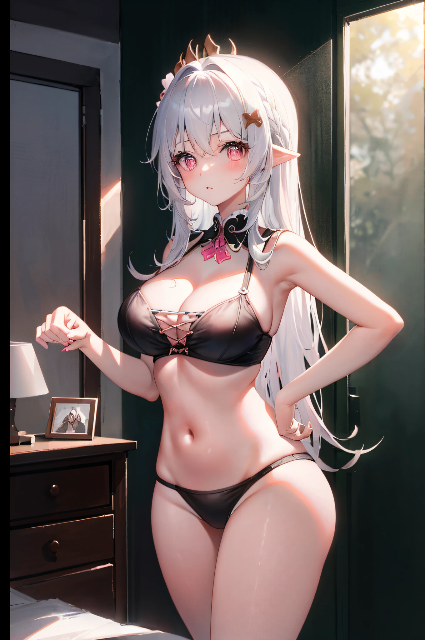 Nasida 1 girl， 独奏， （（white  shirt））， black thighhigns， nedium breasts，， 校服， bedroom background，Bedrooms， hair adornments，big cleavage breasts， long whitr hair， looking at viewert， Pink eyes， 独奏， Thighs, Thighs， upper legs， （（tmasterpiece））， inside in room， Be red in the face， A sexy pose， with hands behind her back，