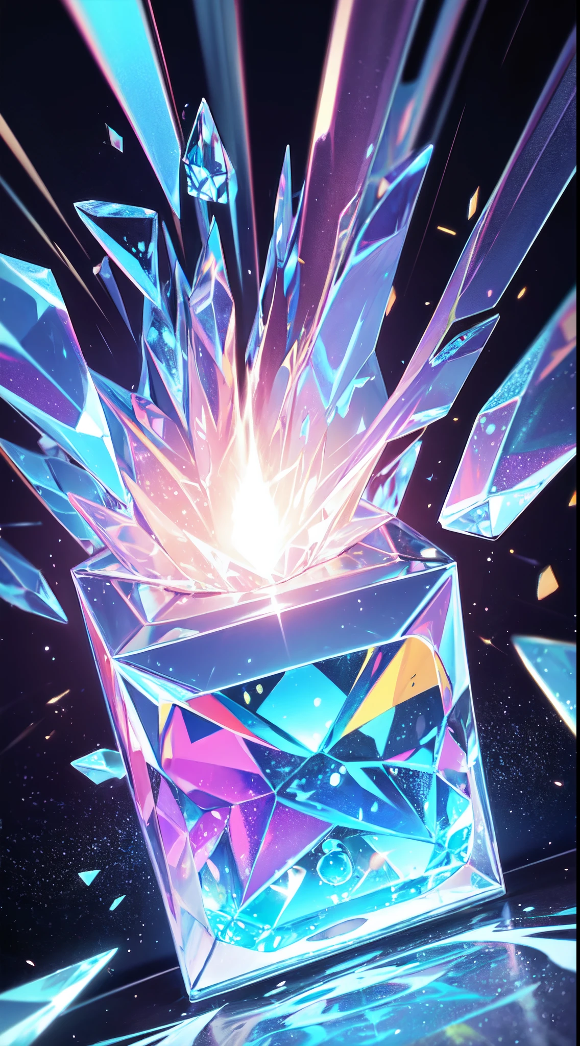 cube, magical, shinny, colourful, beautiful, reflection, fantasy, abstract, 4d , sun lighting, rim lights, sparkles, bloom,cool, bright colours, shinny , masterpiece, high quality, crystal, neon, wallpaper HD quality crystal neon wallpaper, abstract, art, colourful vibrant colours light, science, scifi, crystal skull, bones, shapes, quantum physics, hands, girl, reality