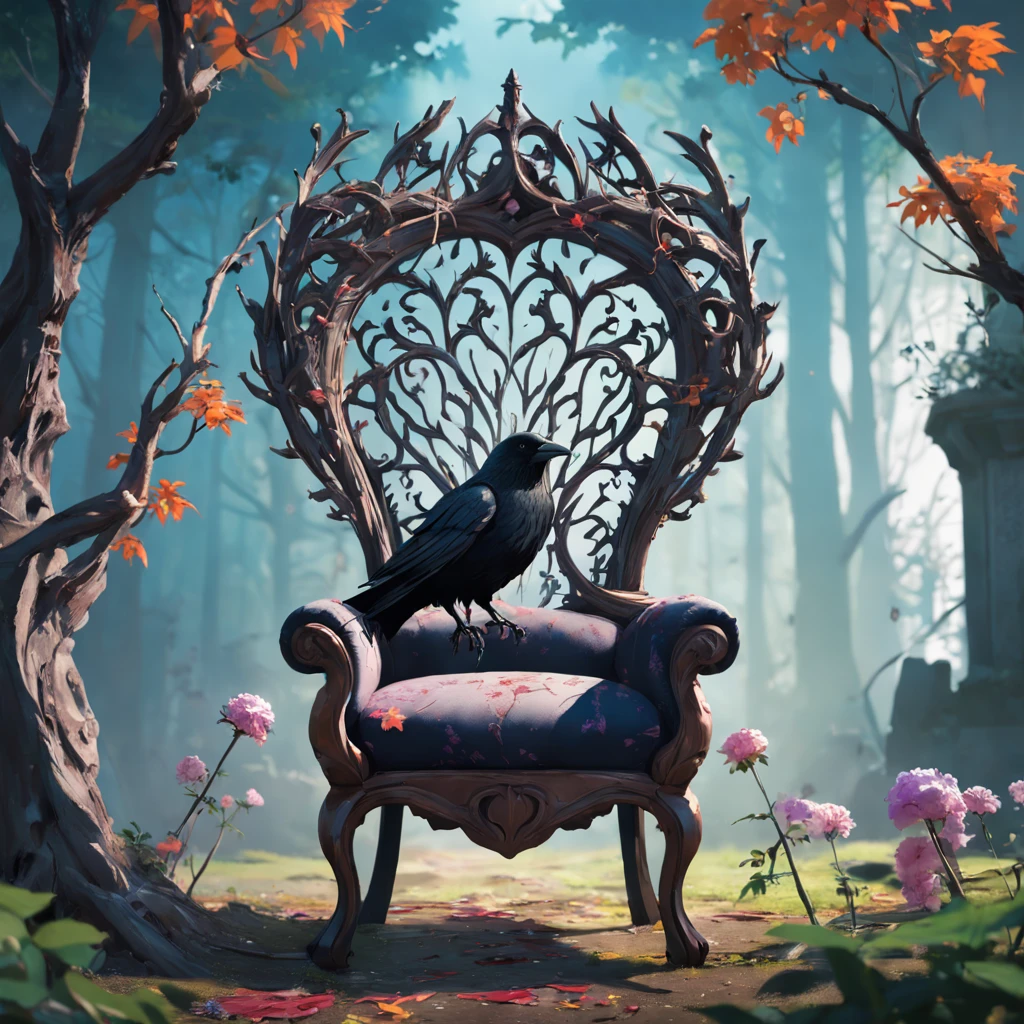 Gothic chair with branches, wildflowers. A crow. A garden. In the style of Martin Rak, Alex Timmerman. Surreal photography, highly detailed, cinematic photography, macro lens, hyperrealistic photography, world - winning photography, poster design, trending on artstation --s 750