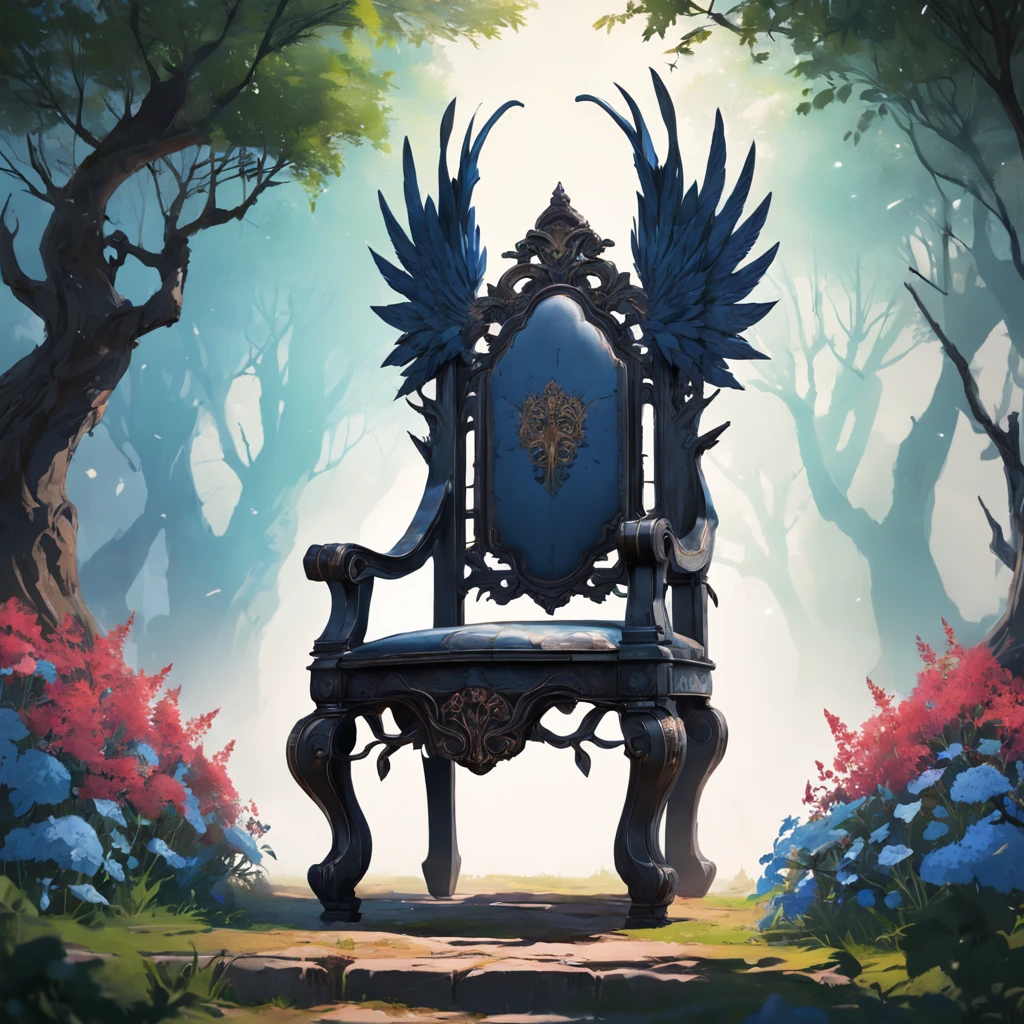Gothic chair with branches, wildflowers. A crow. A garden. In the style of Martin Rak, Alex Timmerman. Surreal photography, highly detailed, cinematic photography, macro lens, hyperrealistic photography, world - winning photography, poster design, trending on artstation --s 750