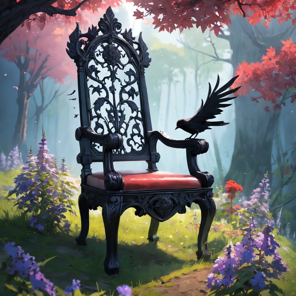 Gothic chair with branches, wildflowers. A crow. A garden. In the style of Martin Rak, Alex Timmerman. Surreal photography, highly detailed, cinematic photography, macro lens, hyperrealistic photography, world - winning photography, poster design, trending on artstation --s 750