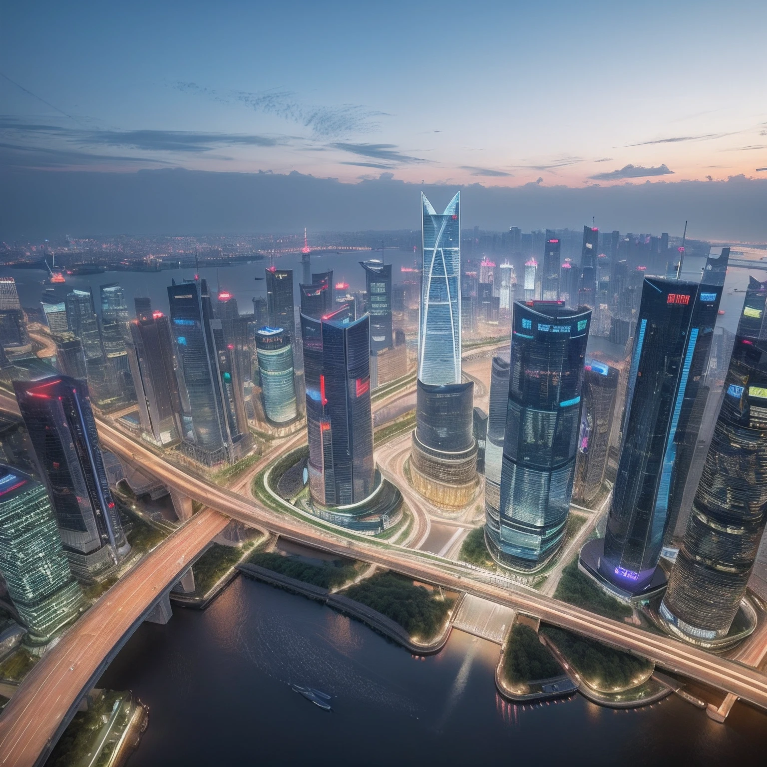The city skyline with bridges and rivers at dusk, shanghai, shanghai city, shenzhen, author:Chass is silent, Hangzhou, Photo of futuristic cityscape, Beautiful city of the future, A high resolution, Rendered in redshift, Wanda, super wide view of a cityscape, The future city, drone view of a city, By Fei Danxu