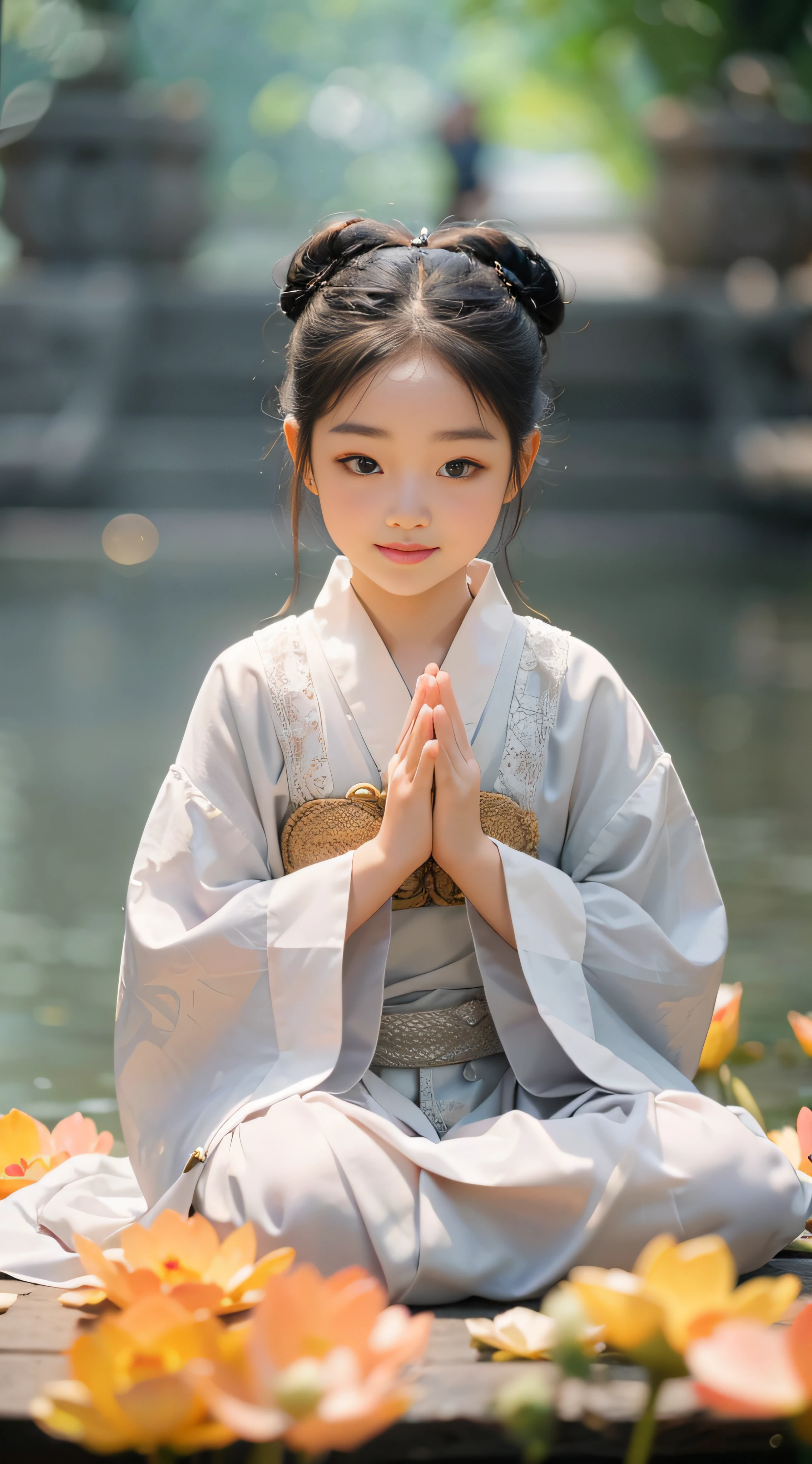 a 3-year-old a,Wearing a white monk's robe,Chubby little face,Big round eyes,A High Bridge of nose,With a smile,had his hands folded,Sit cross-legged。Lotus pattern on background。k hd