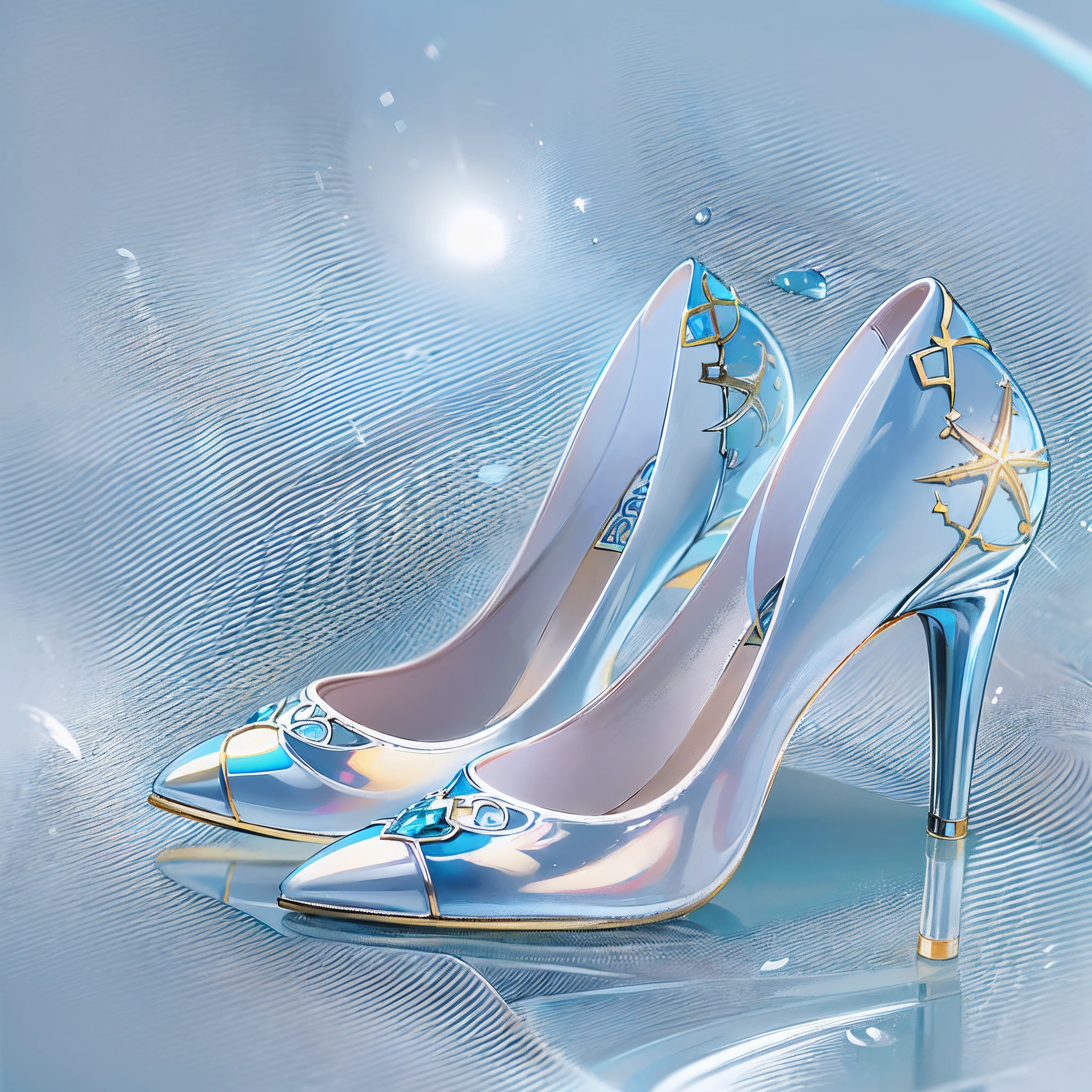 A pair of high heels,without humans,(Top resolution:1.5), (Top image quality:1.5), Close-up of a pair of shoes on a shiny surface, slightly holographic, fairy tale style background, made in adobe illustrator, Magical items, holograph, illustration!, (Blue and white high heels:1.7), Transparent heels。(The background is the seaside:1.6)