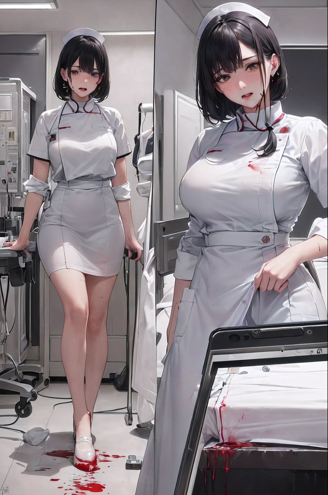 nurse uniform,hospital, latex nurse suit,nurses,busty,elbow gloves,labcoat,silverhair woman,azure eyes , gigantic boobs ,medical instruments,asian nurse,two nurses,speculum,examination room,oversize boobs, ,big ass ,strap on, lay on table ,legs spreaded,giving birth,gyno chair , dentist,Milf,