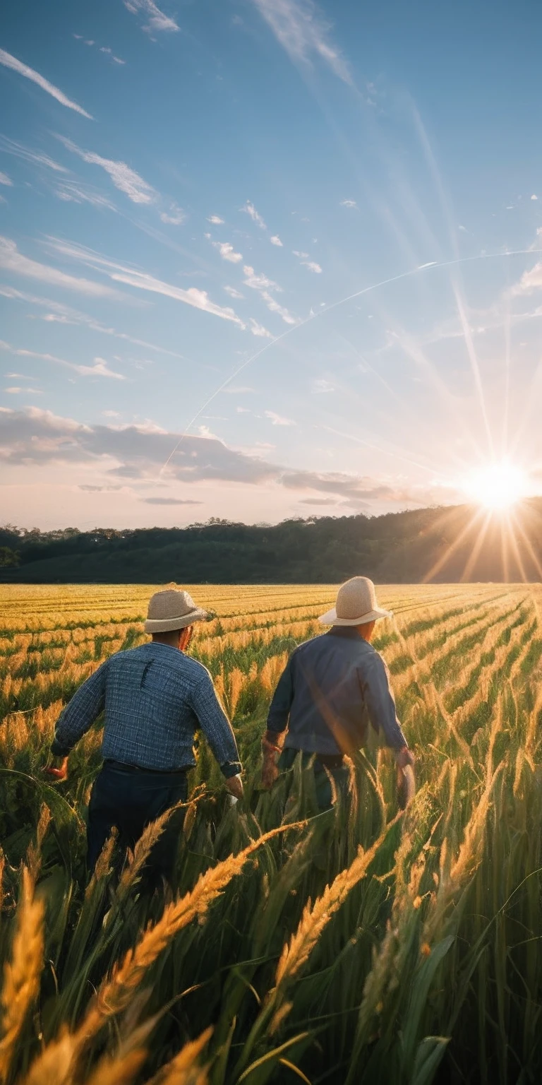 Harvest rice naturally，rice，rice，tmasterpiece，Best quality at best，real photograph，first person perspective，Lens flare，（The is very detailed的 CG unified 8k 壁纸）（best qualtiy），（Most Best Illustration），（Best shadow），Super meticulous，People work in the fields --v6