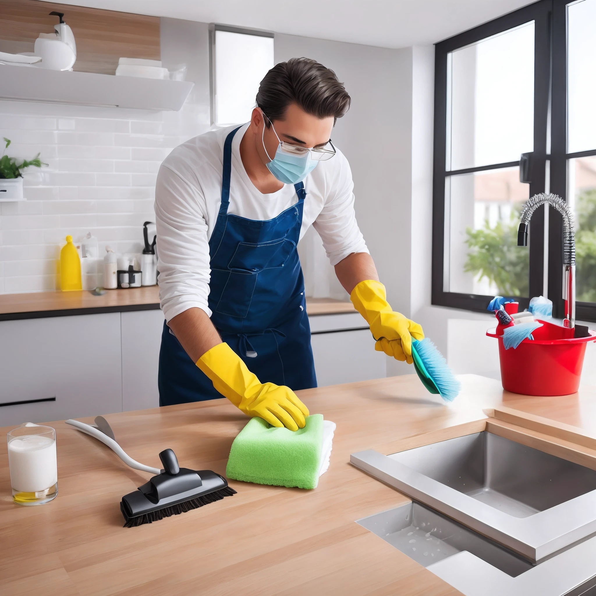 Ala Fed Man in blue apron and yellow gloves sweeps kitchen counter, Smooth and clean surface, Clean the future, Clean and tidy, The future of 8 K cleaning, The Future of 8K Cleaning, shutterstock, extremely pretty, Clean and simple, The cleanest images, crisp smooth clean lines, Clean style, istock, clean and organized, Clean environment, Art Germ, domestic