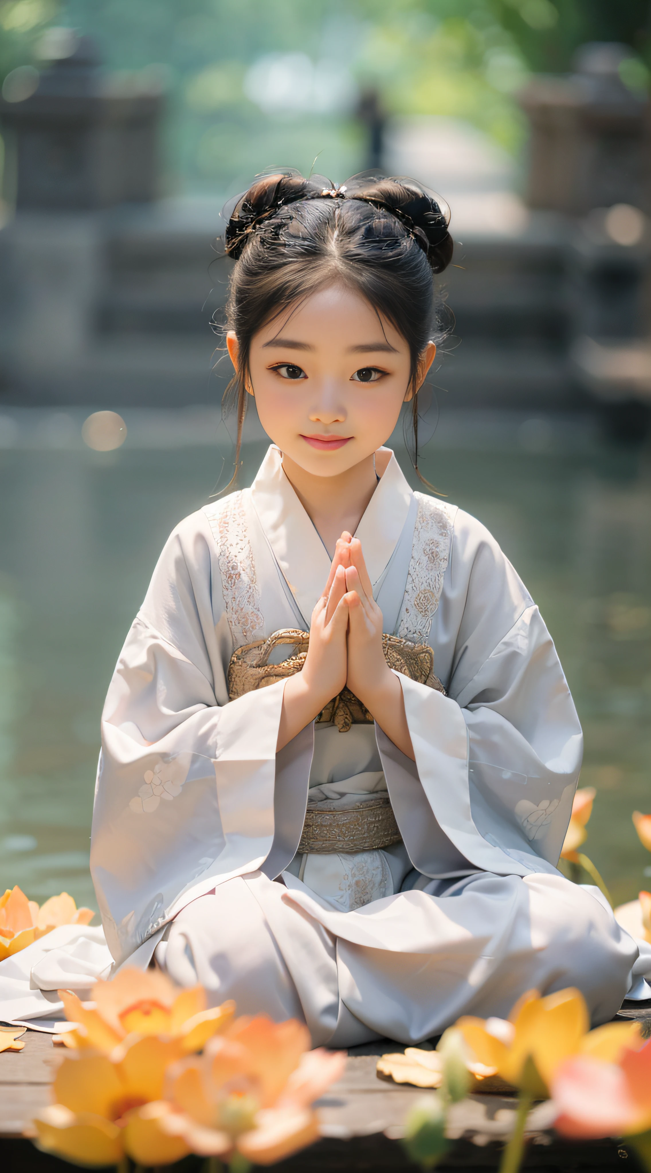 a 3-year-old a,Wearing a white monk's robe,Chubby little face,Big round eyes,A High Bridge of nose,With a smile,had his hands folded,Sit cross-legged。Lotus pattern on background。k hd