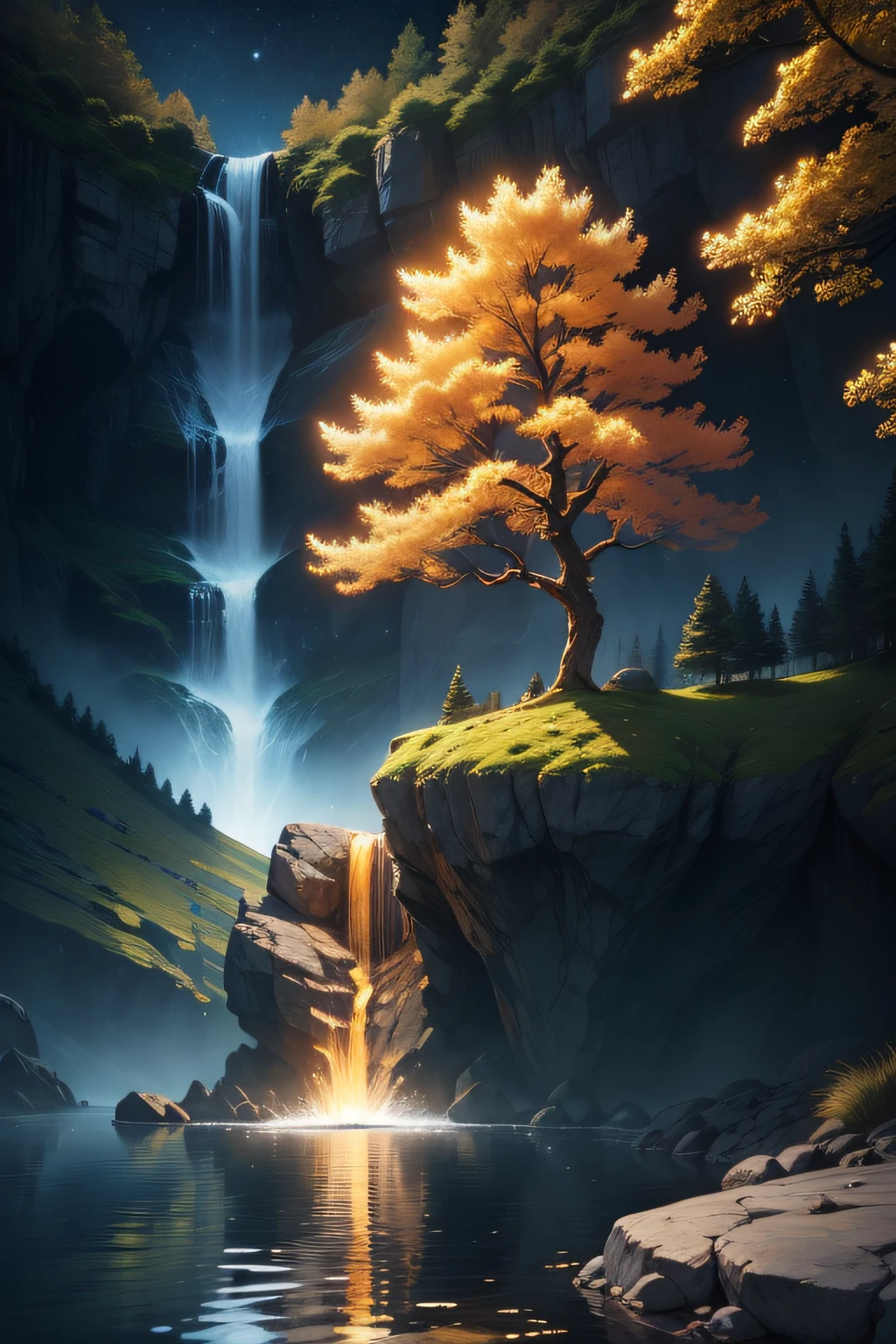 golden tree in a rock in the midle of a lake and waterfall at night glowing moon glowing thunderbolt brigth brillant detailed and fireflies