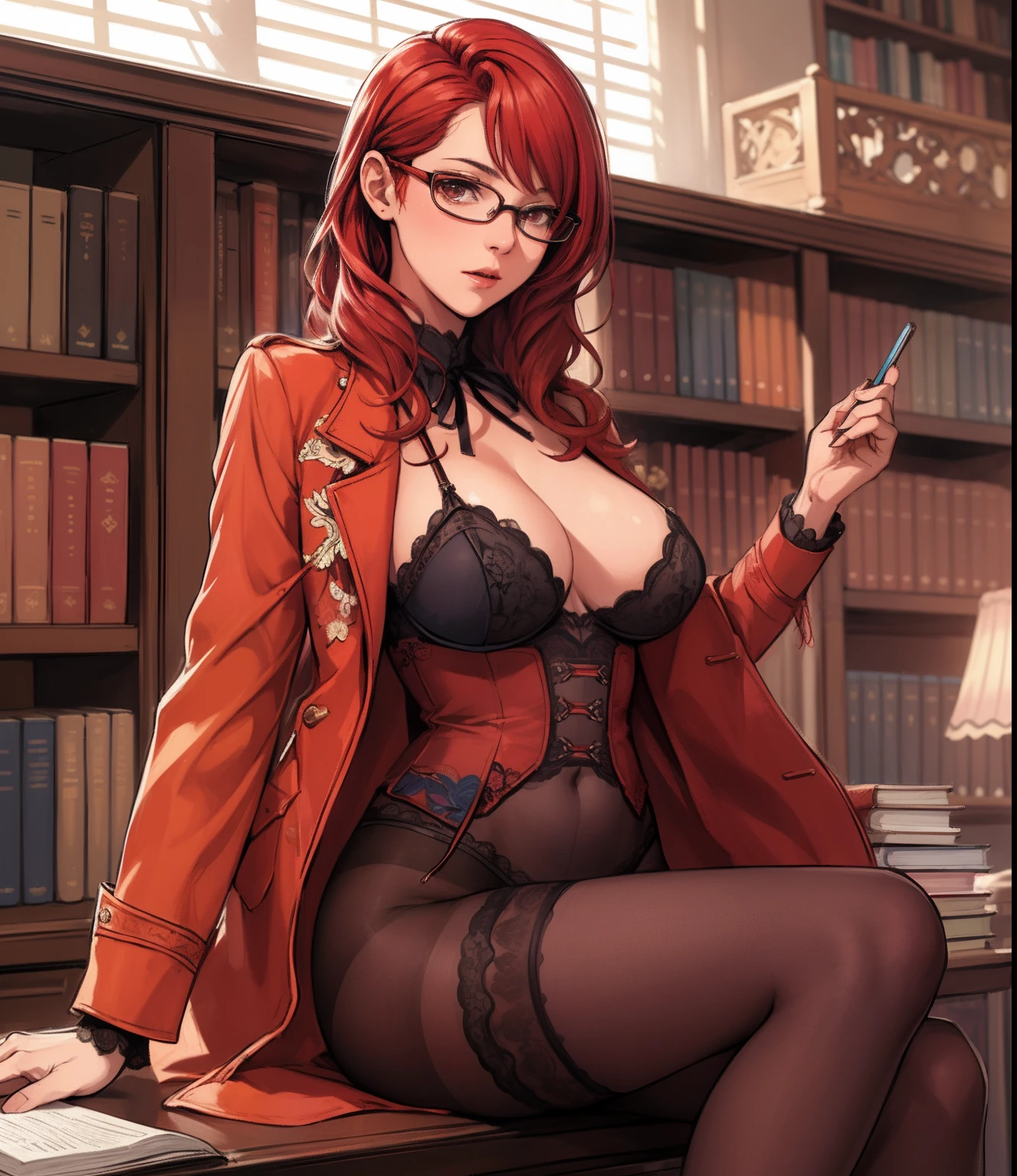 Masterpiece,bright colors, wallpaper quality, absurdres, HDR, oda non, ,mature, lace garterbelt ,1girl wearing the garterbelt, embroidery, pantyhose, lace bra, sitting in library, bookshelfs, glasses, tied red hair,side bangs, coat
