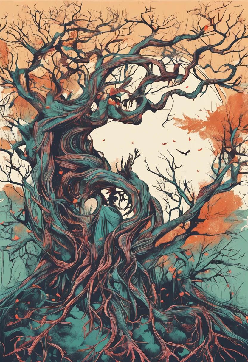 Albomorph The embrace of a woman and a man turns into a lush tree, Roots as feet, Arm-like branches, Some leaves fly on a white background,l