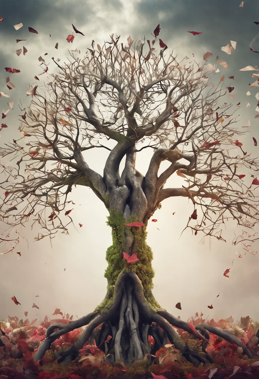 Albomorph The embrace of a woman and a man turns into a lush tree, Roots as feet, Arm-like branches, Some leaves fly on a white background,l