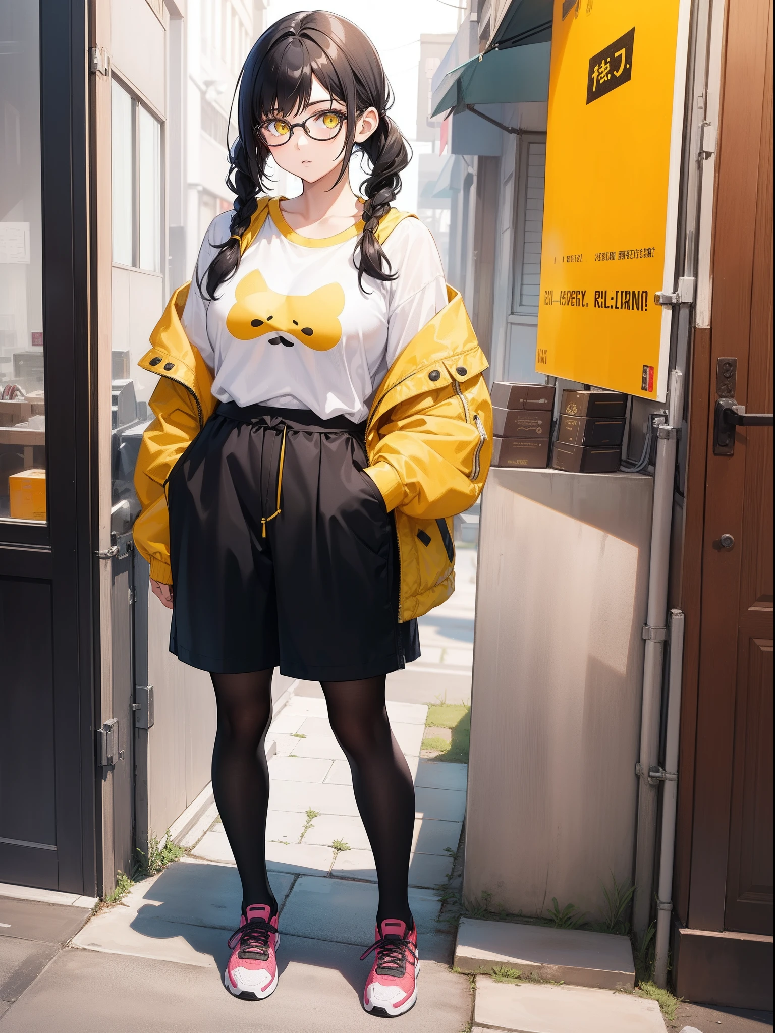 ((Best quality)), 1girl, short, overweight, short wavy black hair in pigtails, yellow eyes, glasses, full body