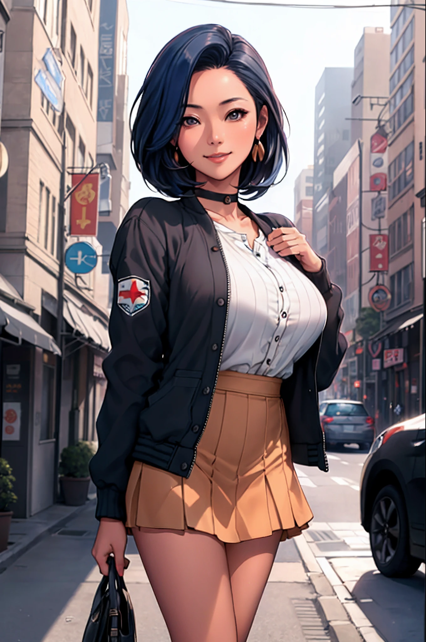 a korean woman walking in the city, buildings, night, plants,smile, mixed Korean, ((background blur)) , focus, professional photography, dynamic angle shot, film grain, bokeh, ray tracing, dynamic lighting, tilt camera, very close up shot, lens flare,
(((masterpiece))), ((best quality)), ((intricate detailed)), ((realistic)), (50mm Sigma f/1.4 ZEISS lens, F1.4, 1/800s, ISO 100, photograpy:1.1), perspective,milf, mature woman, highly detailed, illustration, 1girl, (big breasts), beautiful detailed eyes, bob cut hair, bang, blue hair, brown eyes, (casual outfit:1.2), varsity jacket, red v_neck_dress, black mini skirt, black choker, earrings, high heels, detailed background, perfect eyes, seductive eyes, looking at the viewer, hands in the jacket pocket
