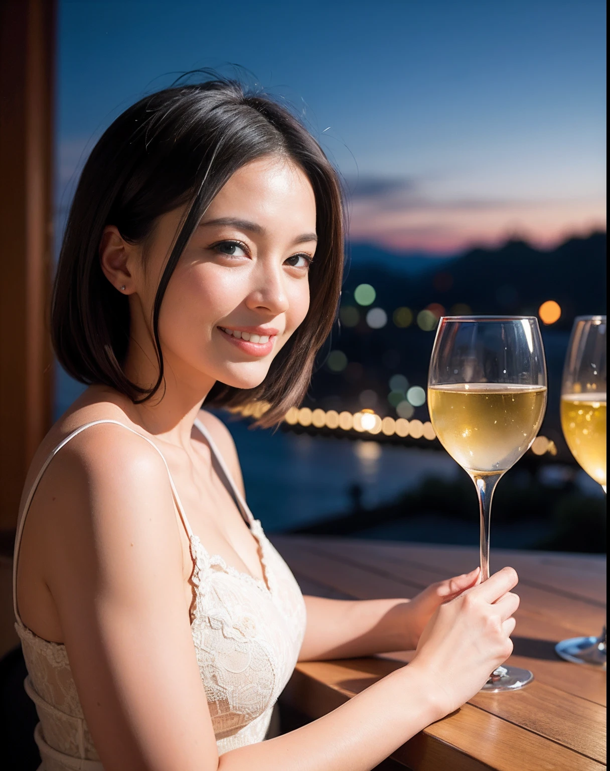 (64K, UHD, top quality, masterpiece: 1.2), (realistic, photorealistic: 1.37), super detailed, pretty woman 1 person, (slim face), (slim body), (brown hair), (short cut), cheeks slightly blushing, (44 years old), 38 years old, solo, beautiful detailed urban night view outside the window, restaurant, wine glasses sit, at night, in a prominent placeNovaFrogStyle, Actress, Model, Waist Up, White Wine, Slim, Wine Glass, Super Clean Night View, Wine Glass Put in the Middle, Happy Smile, (Smile: 1.15), Beautiful Fine Eyes, Upper Body, Bust Japan Up, Night, Short, Short, Actress, Model, Waist Up, White Wine, Slim, Wine Glass, Super Clean Night View, Wine Glass Put in the Middle, Happy Smile,
