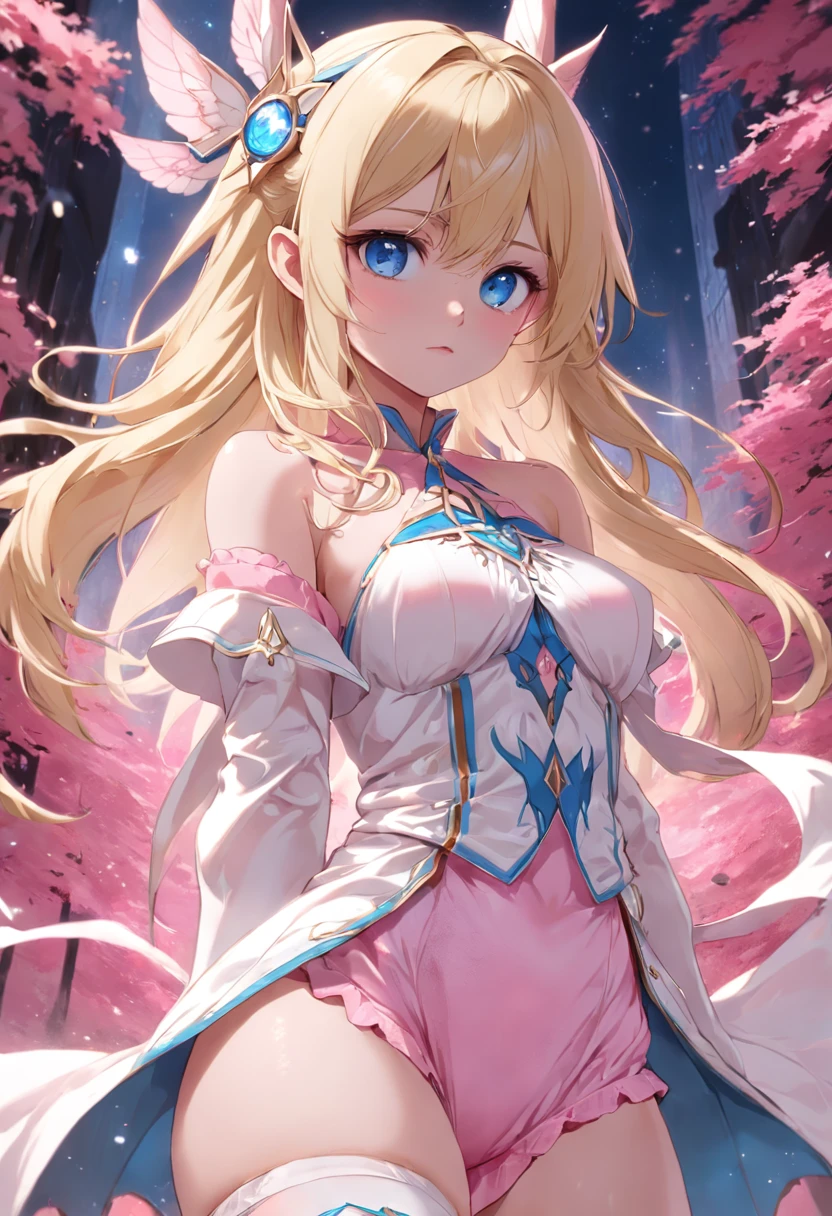 blonde with blue eyes,Pink and white clothes,Elven fantasy,white stockings,444 Hz, Beautiful, Breathtaking, Highly detailed, 8K, Use, Affectionate, Ultra photo realsisim, scenery