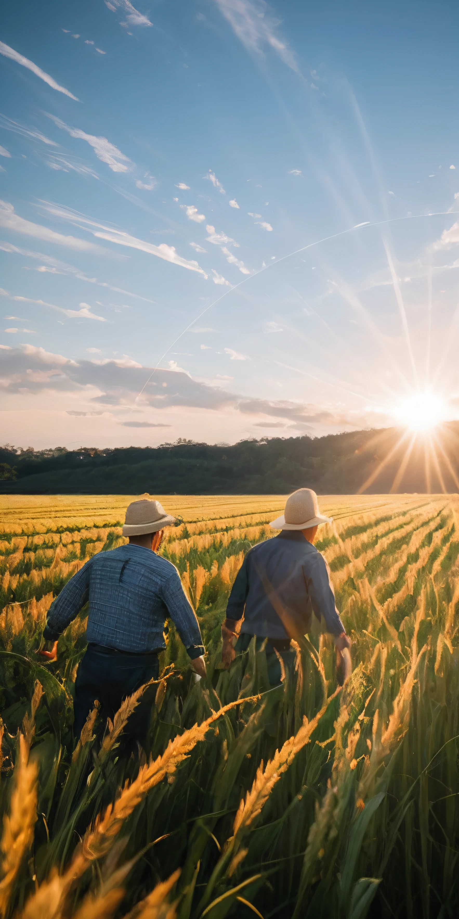 Harvest rice naturally，rice，rice，tmasterpiece，Best quality at best，real photograph，first person perspective，Lens flare，（The is very detailed的 CG unified 8k 壁纸）（best qualtiy），（Most Best Illustration），（Best shadow），Super meticulous，People work in the fields --v6