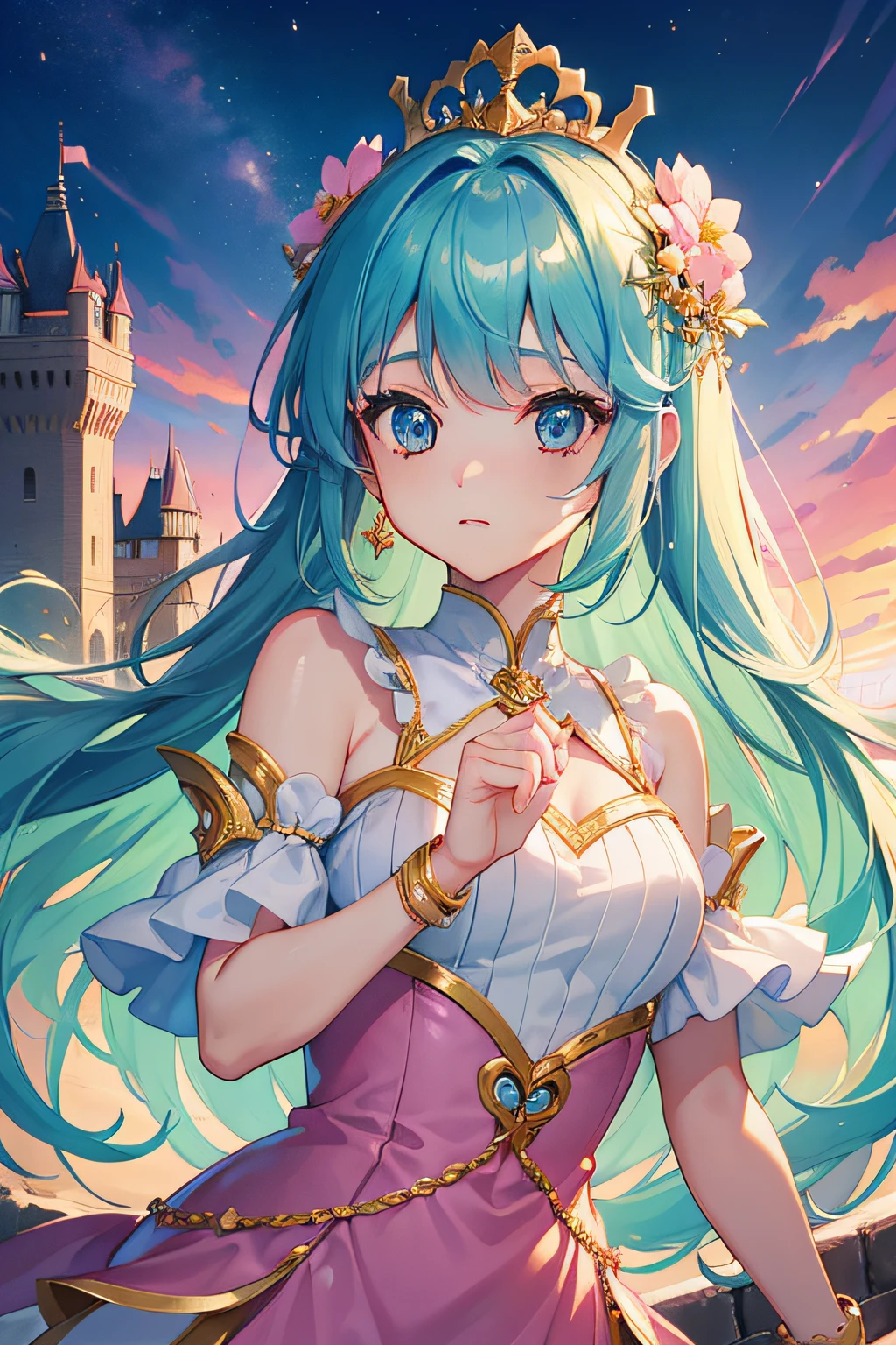 A girl with long blue hair and a crown on her head - SeaArt AI
