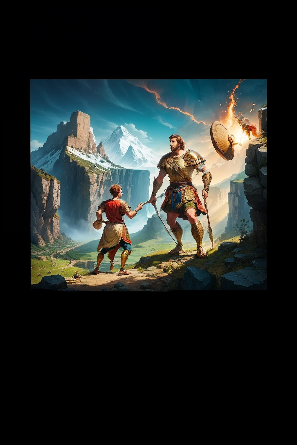"Write a short narrative describing the epic encounter between young David and the giant Goliath, highlighting David's emotions and strategies before and during the battle. Explore how your courage and faith helped you overcome the odds