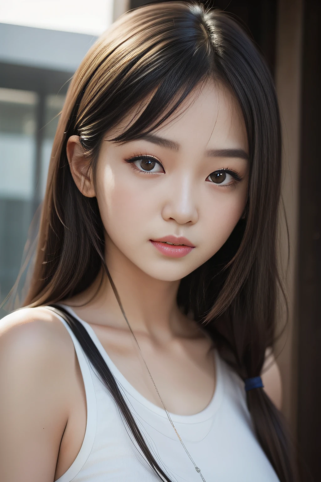 ((Show only the face、close up of face))、(tanktop wear、lie down on the chair、indoor、baseball hat、(bright room)、cute japanese woman、、high school girl、young girl、warm, beautiful detailed eyes double eyelid, down-turned eyes, beauty eyelashes, translucent skin, detail perfect nose, thin sweet lips