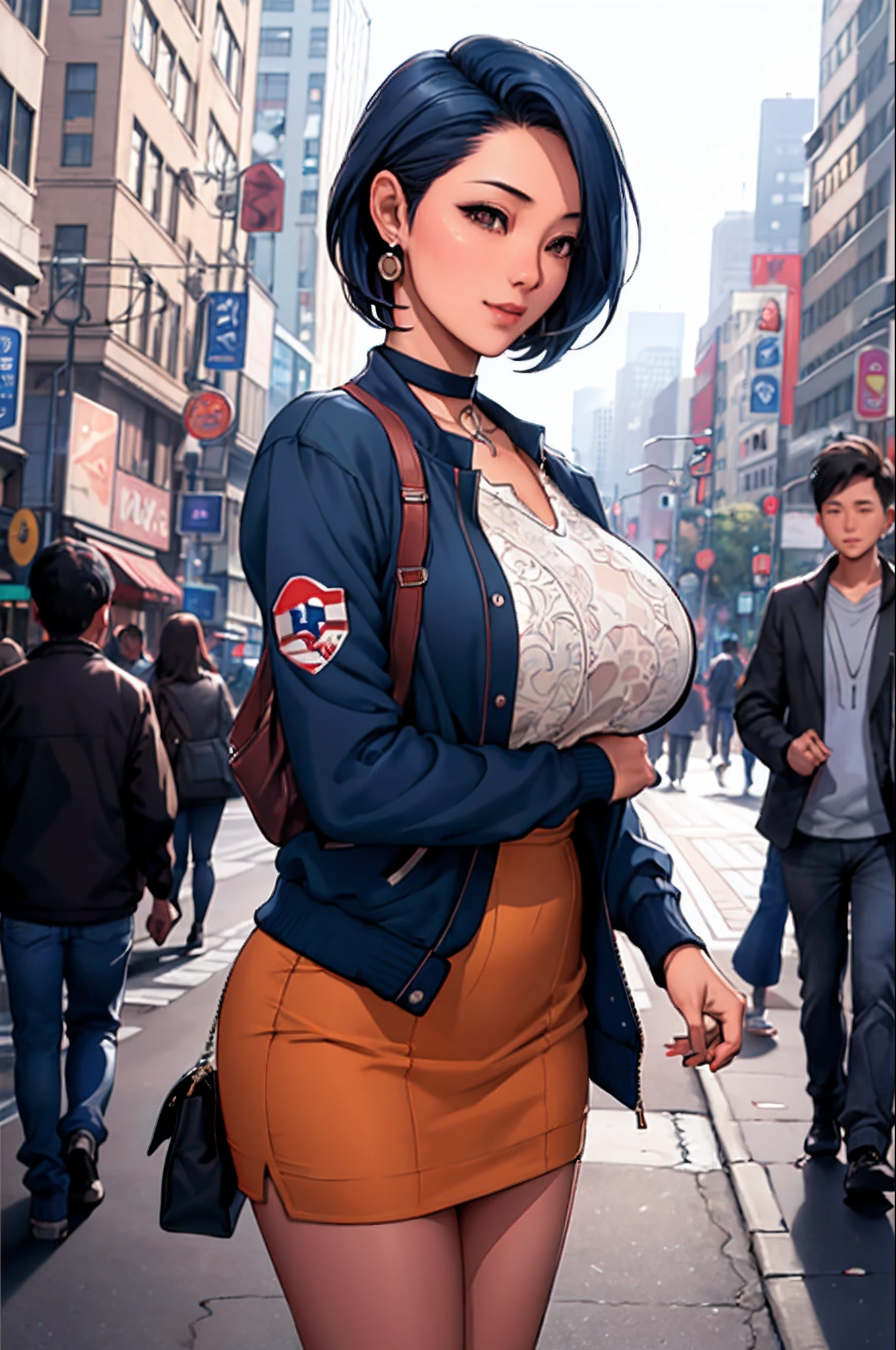 a korean woman walking in the city, buildings, night, plants,smile, mixed Korean, ((background blur)) , focus, professional photography, dynamic angle shot, film grain, bokeh, ray tracing, dynamic lighting, tilt camera, very close up shot, lens flare,
(((masterpiece))), ((best quality)), ((intricate detailed)), ((realistic)), (50mm Sigma f/1.4 ZEISS lens, F1.4, 1/800s, ISO 100, photograpy:1.1), perspective,milf, mature woman, highly detailed, illustration, 1girl, (big breasts), beautiful detailed eyes, bob cut hair, bang, blue hair, brown eyes, (casual outfit:1.2), varsity jacket, red v_neck_dress, black mini skirt, black choker, earrings, high heels, detailed background, perfect eyes, seductive eyes, looking at the viewer, hands in the jacket pocket