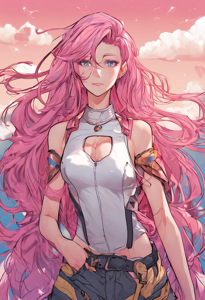 (masterpiece, 4K, Best Quality, Anime style: 1.9, bold drawing lines, High color saturation, Detailed face, tall, Adult Woman, lovely, (cloud background), Drawing lines, high resolution, Anime, lacus4), 1girl in, Solo, curvy figure, Long hair, 鎖骨, scapular, Wavy Hair, Detailed wide hair bangs, Hair Ornament, Detailed reddish-pink hair, cleavage, large hands, Big blue eyes, Smile, closed mouth, Very happy, ((closed fists)), (laughing, open mouth), ((medium breasts)), ((pink strapless wrestling attire), (pink wrestling long boots), bare thighs, strong arms, biceps, rib lines, ((lean forward)), legs, standing, (hands on hips), happy, bare shoulders, (navel, belly button, bare thighs, exposed navel, groin)